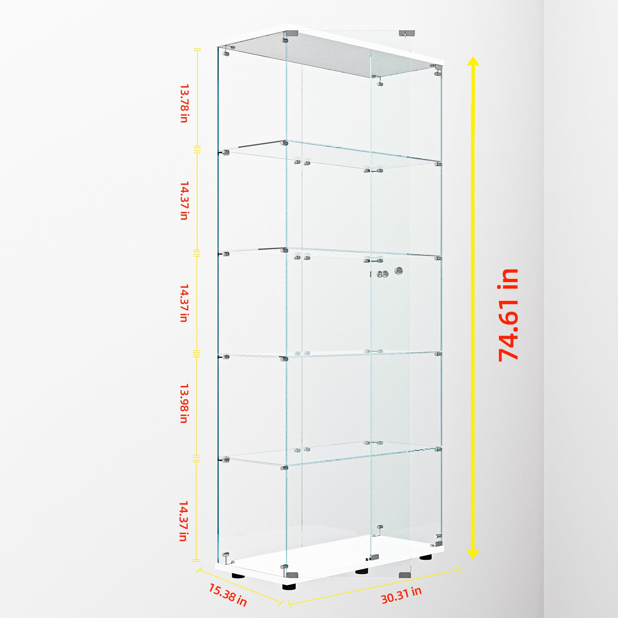 Glass Display Case with Lights,Tempered Glass Curio Cabinets with Glass Doors and Lock,Glass Display Cabinet for Bedroom, Living Room,Kitchen (White, 2 Door-5 Tier)