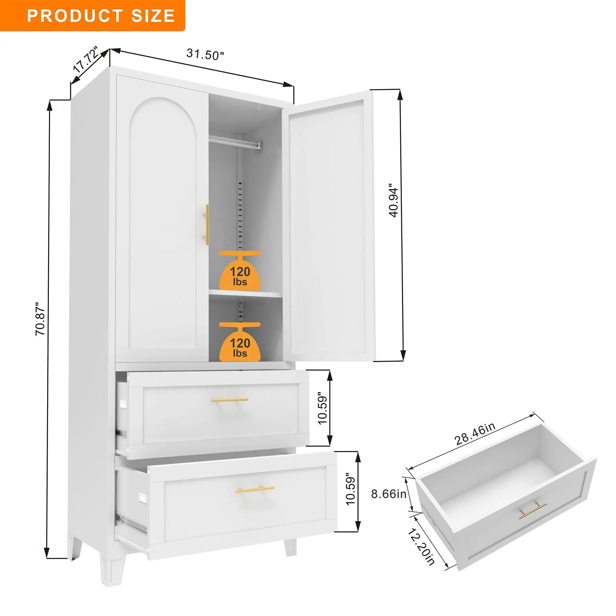 QIHAI Bedroom Armoires,71" Tall Metal Wardrobe Cabinet with 2 Drawers and Hanging Rod, 2 Doors Wardrobe Closet with Shelf for Bedroom, Office, Laundry Room,Entryway,Foyer,Guesthouse,White QIHAI