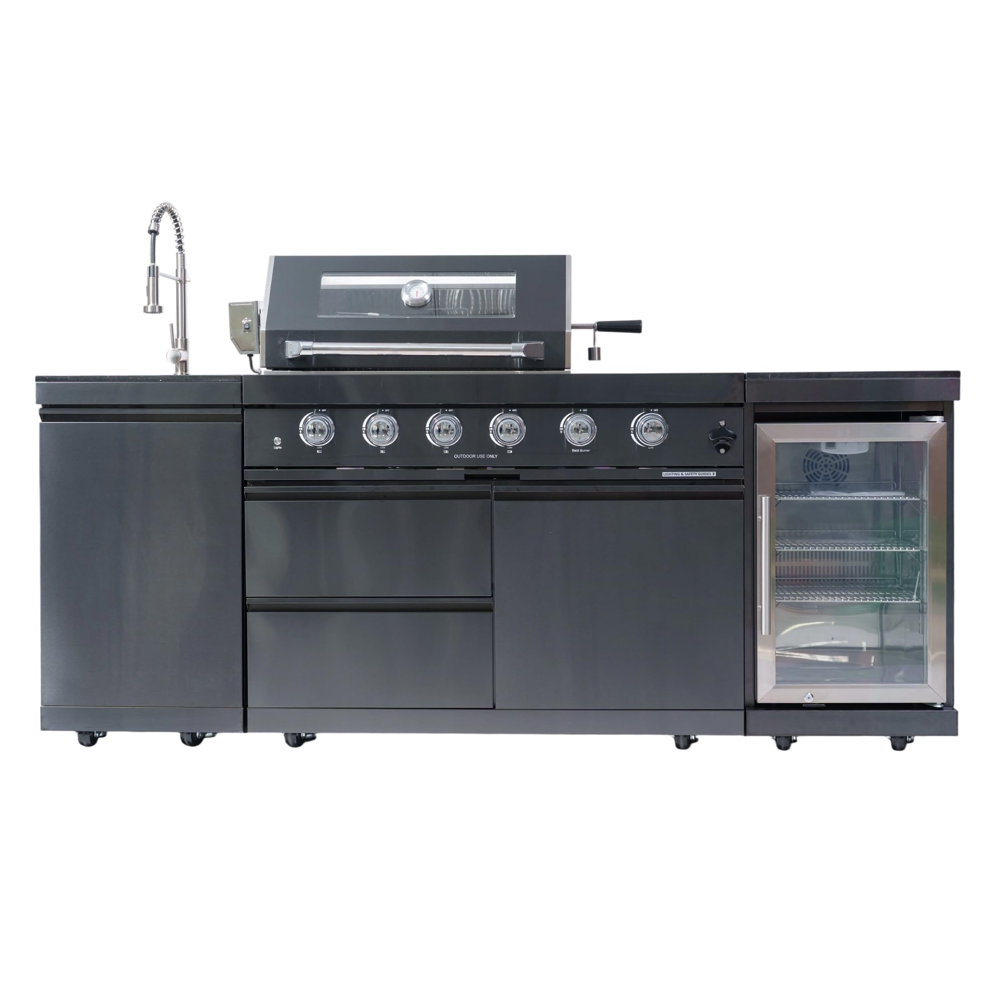 46-Inch 4-Burner 72000 BTU Deluxe Stainless Steel Gas Outdoor Kitchen Bar Barbecue Island Grill, Wine Cooler Compact Refrigerator, Rotisserie, Granite Countertops, Stainless steel Sink,Black