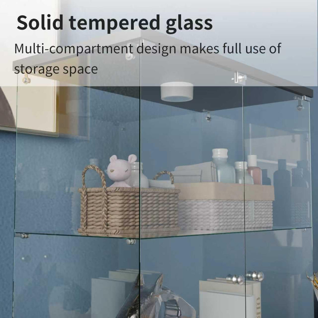 Glass Display Cabinet 4 Shelves with Door, Easy to Install, Solid Tempered Glass, Floor Standing Curio Bookshelf for Living Room,White