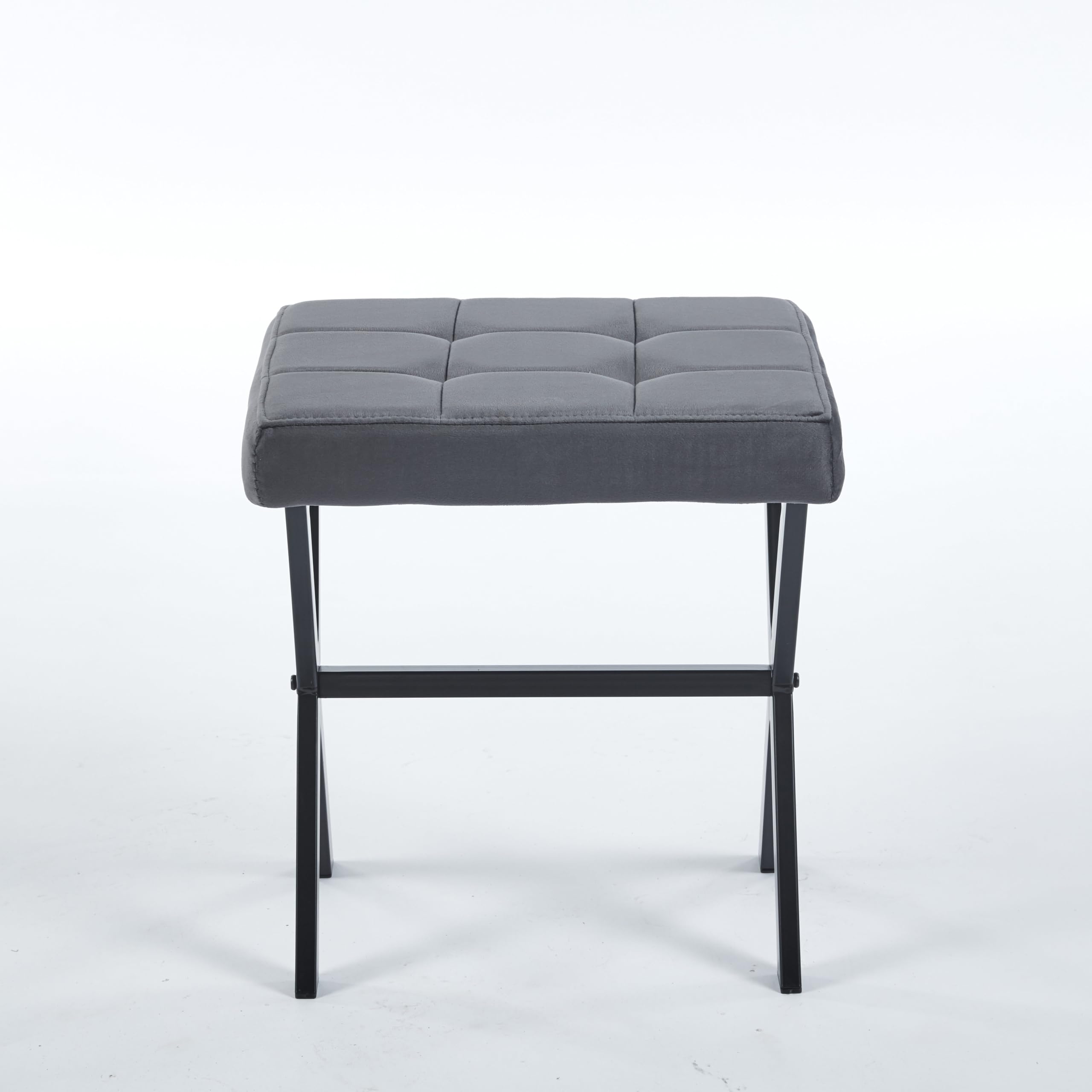 Vanity Stool - Square Faux Leather Makeup Seat with Metal X Legs, Small Ottoman Chair for Makeup Room, Living Room - Modern Padded Foot Rest (Dark Brown)