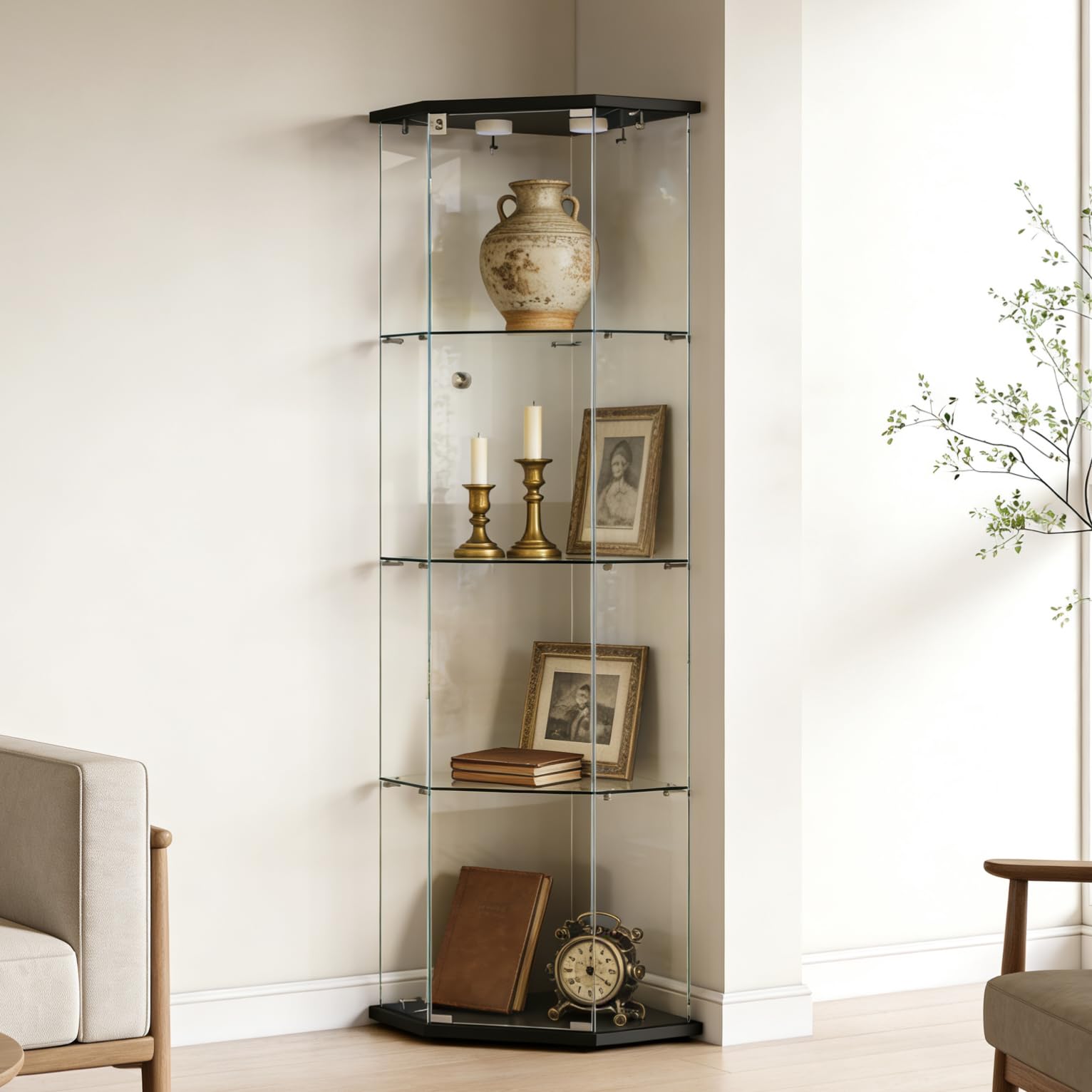 Corner Display Cabinet,Curio Cabinet with Tempered Glass Doors, Wine Bar Cabinet with Lights and Locks,4 Tier Glass Display Case for Living Room,Dining Room,Corridor,Office (Black)