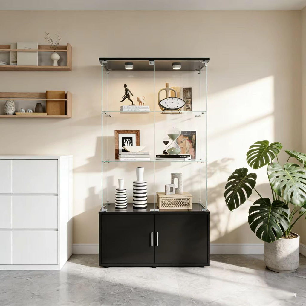 4-Tier Display Cabinet,Display Case with Glass Doors,Wine Cabinet with Lights, Storage Cabinets with 3 Shelves & 2 Drawers for Living Room,Dining (White)