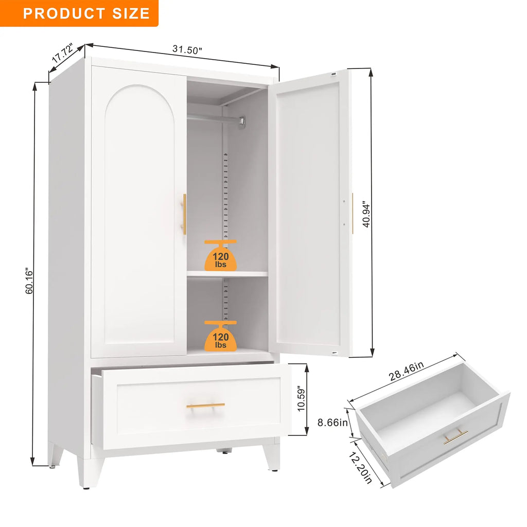 QIHAI Bedroom Armoires,71" Tall Metal Wardrobe Cabinet with 2 Drawers and Hanging Rod, 2 Doors Wardrobe Closet with Shelf for Bedroom, Office, Laundry Room,Entryway,Foyer,Guesthouse,White QIHAI