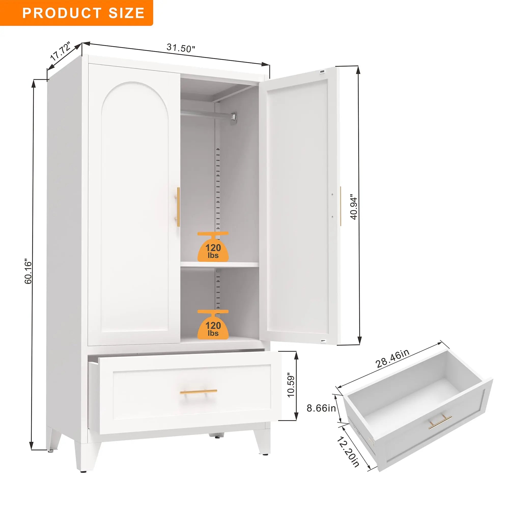 QIHAI Bedroom Armoires,71" Tall Metal Wardrobe Cabinet with 2 Drawers and Hanging Rod, 2 Doors Wardrobe Closet with Shelf for Bedroom, Office, Laundry Room,Entryway,Foyer,Guesthouse,White QIHAI