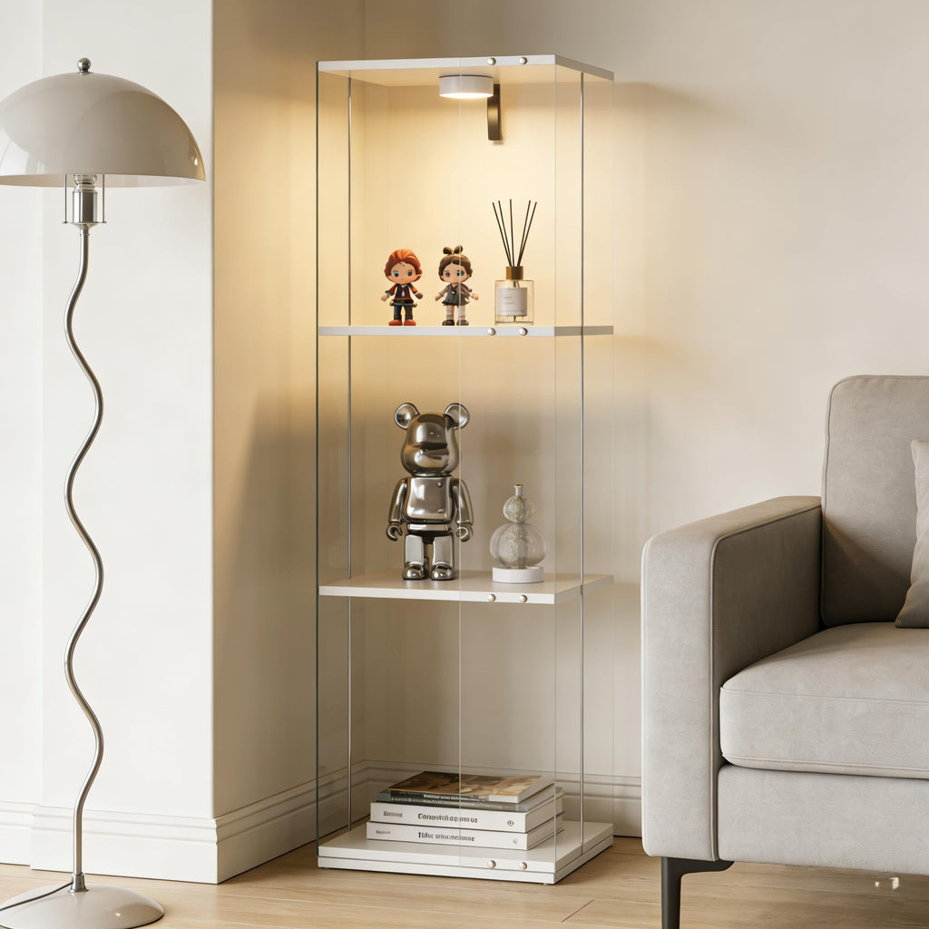Tempered Glass Display Cabinet with Doors, Curio Cabinet with Lights,Rotatable 4 Tier Glass Display Case for Living Room,Dining Room,Corridor,Office (White, 4-Tier)