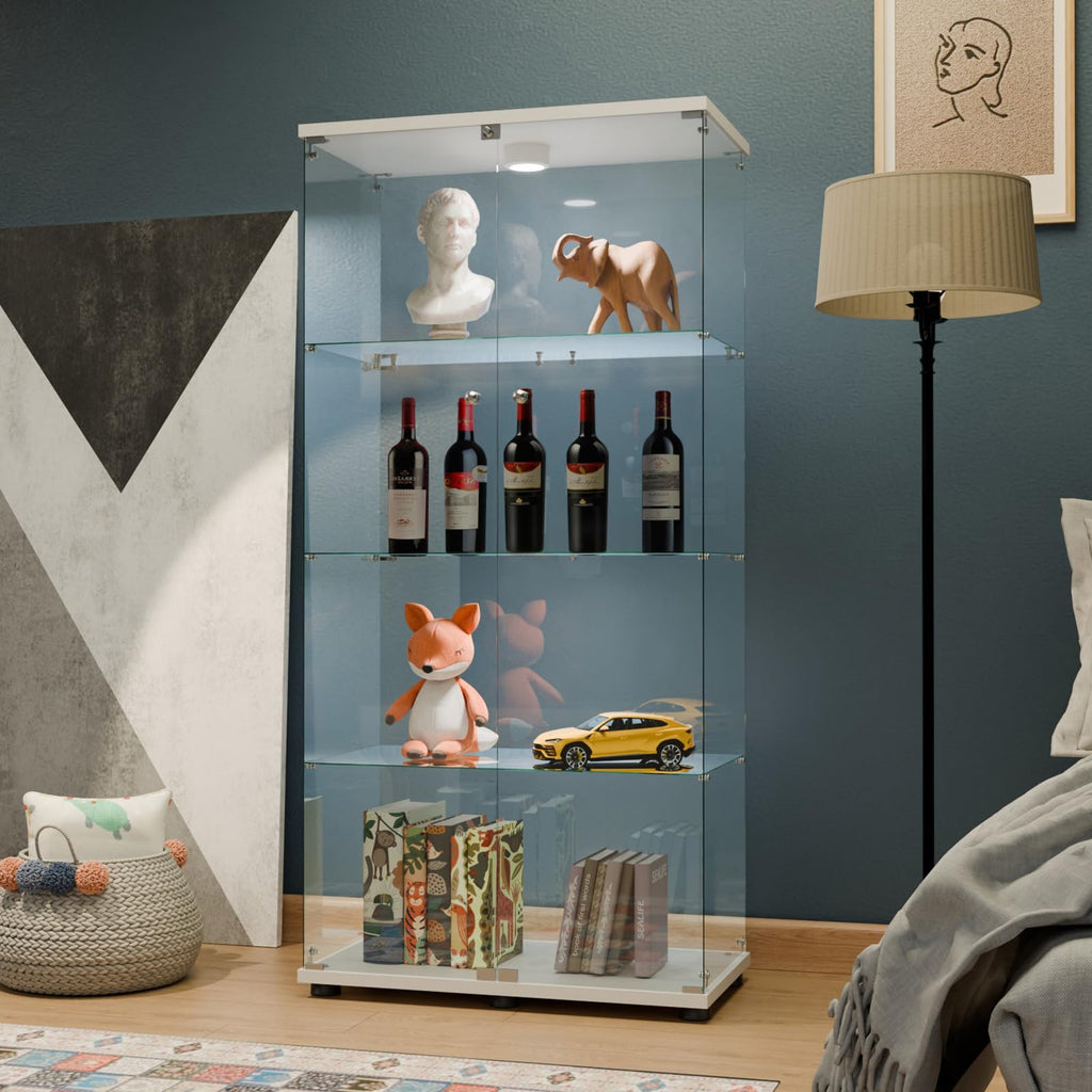Glass Display Cabinet 4 Shelves with Door, Easy to Install, Solid Tempered Glass, Floor Standing Curio Bookshelf for Living Room,White