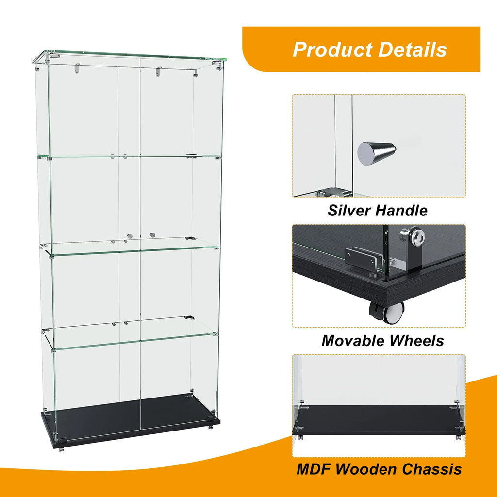QIHAI Glass Display Cabinet,Premium 4-Tier Diamond Glass Display Case with 5 Dynamic LED Modes, Tempered Glass Curio Cabinet for Collectibles & Decor (62.99x27.56x11.81 Inches) QIHAI