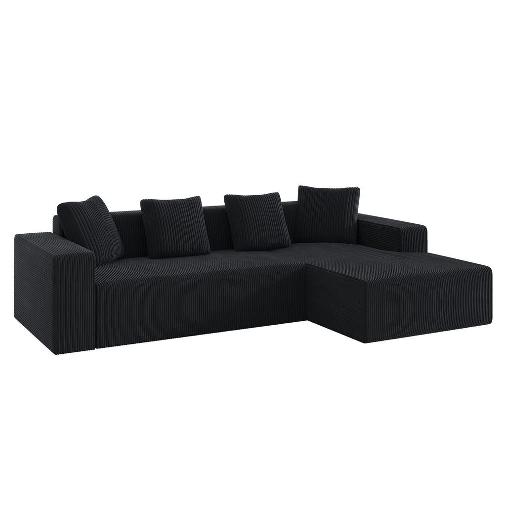 102.7" Corduroy Sectional Couch, Boneless L Shaped Couch with Deep Seat, Cloud Foam Sofa with Chaise, Sectional Sofa No Assembly Needed for Living Room and Bedroom (Black + Corduroy + 3 Seat + Foam)
