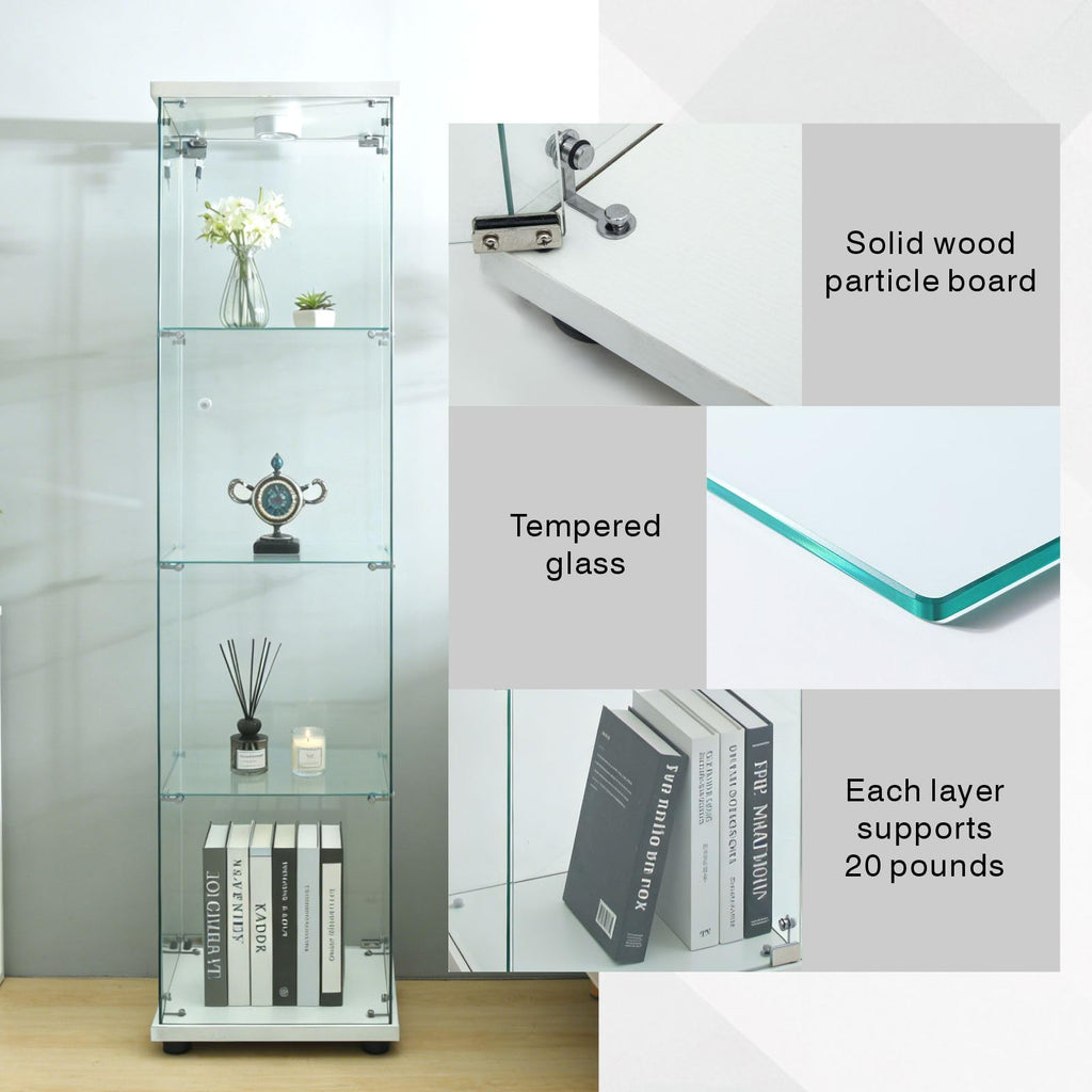 Glass Display Cabinet 4 Shelves with Door, Easy to Install, Solid Tempered Glass, Floor Standing Curio Bookshelf for Living Room,White