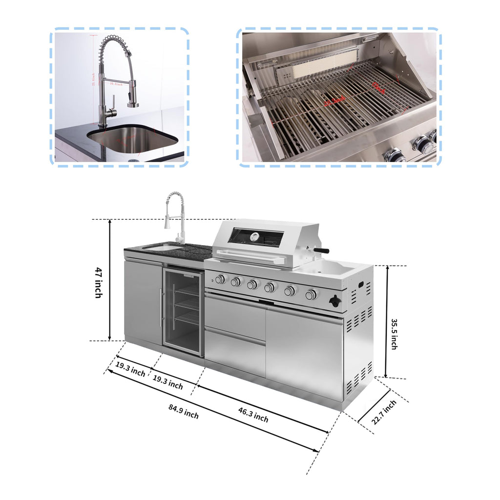 46-Inch 4-Burner 72000 BTU Deluxe Stainless Steel Gas Outdoor Kitchen Bar Barbecue Island Grill, Wine Cooler Compact Refrigerator, Rotisserie, Granite Countertops, Stainless steel Sink,Black