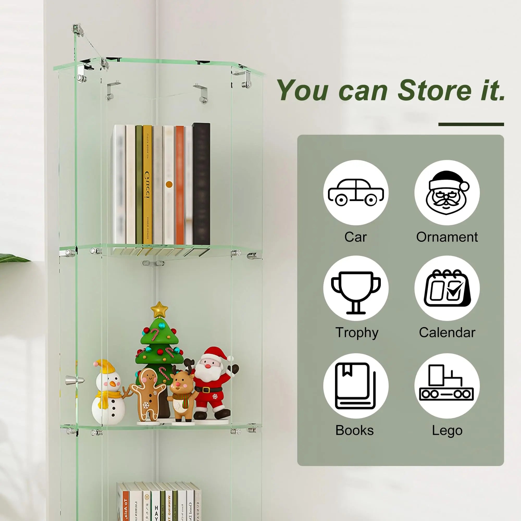 QIHAI Glass Display Cabinet,Premium 4-Tier Diamond Glass Display Case with 5 Dynamic LED Modes, Tempered Glass Curio Cabinet for Collectibles & Decor (62.99x27.56x11.81 Inches) QIHAI