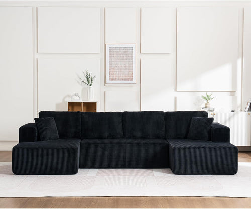 130" Oversized Cloud Boneless Sofa Couch with Chaise, Modern Corduroy U Shaped Modular Sectional Sofa with Deep Seat, No Assembly Required (Foam + White + Corduroy + 3 Seat)