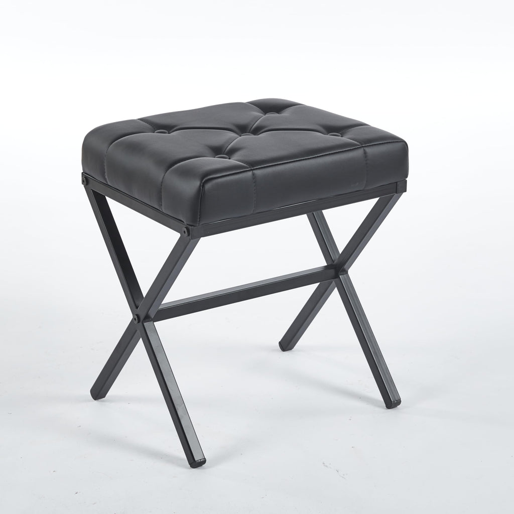 Vanity Stool - Square Faux Leather Makeup Seat with Metal X Legs, Small Ottoman Chair for Makeup Room, Living Room - Modern Padded Foot Rest (Dark Brown)