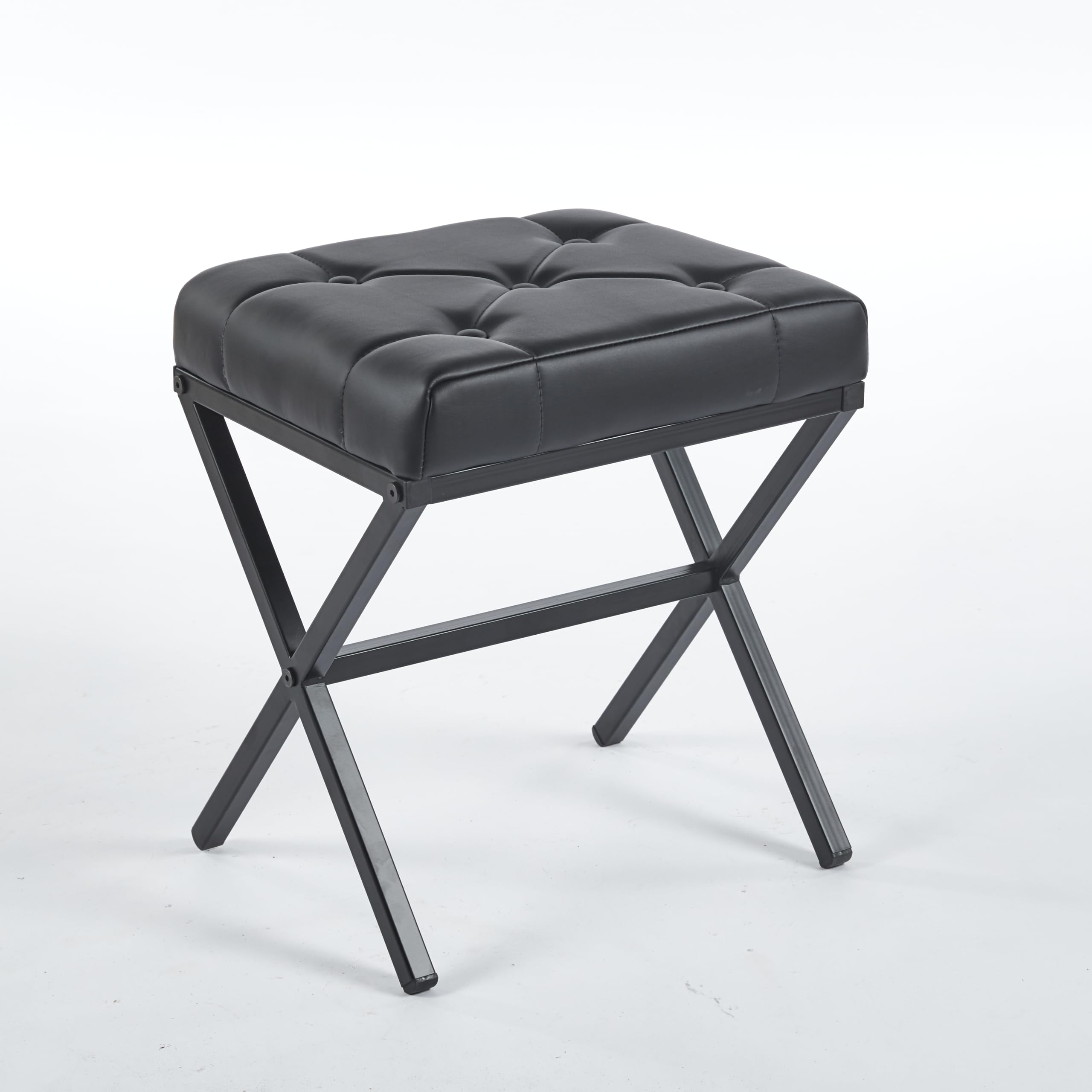 Vanity Stool - Square Faux Leather Makeup Seat with Metal X Legs, Small Ottoman Chair for Makeup Room, Living Room - Modern Padded Foot Rest (Dark Brown)