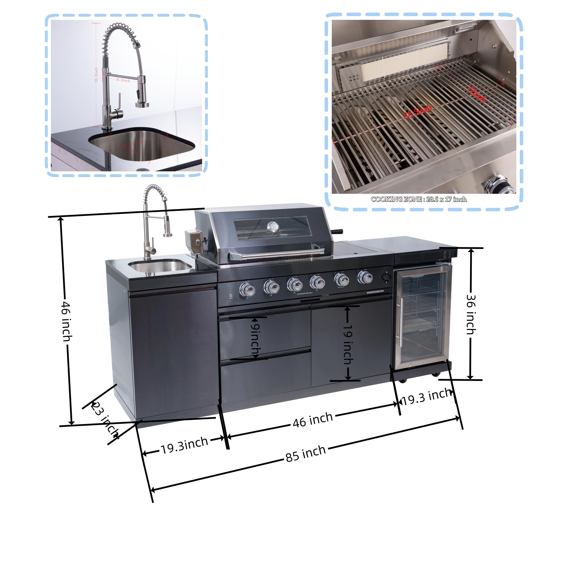 46-Inch 4-Burner 72000 BTU Deluxe Stainless Steel Gas Outdoor Kitchen Bar Barbecue Island Grill, Wine Cooler Compact Refrigerator, Rotisserie, Granite Countertops, Stainless steel Sink,Black