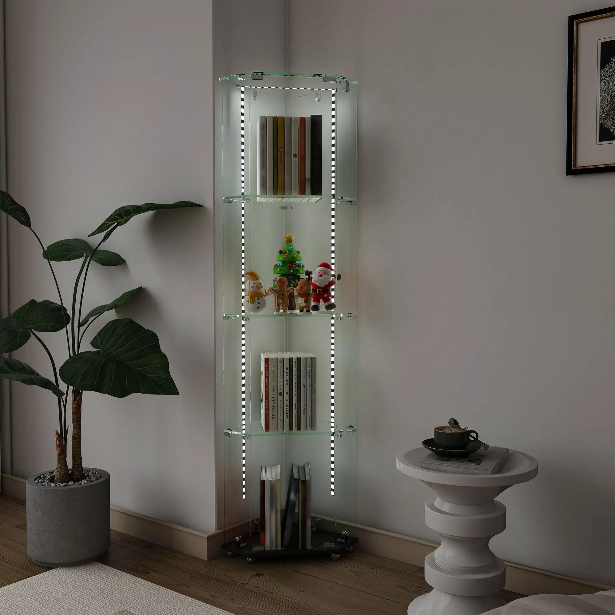 QIHAI Glass Display Cabinet,Premium 4-Tier Diamond Glass Display Case with 5 Dynamic LED Modes, Tempered Glass Curio Cabinet for Collectibles & Decor (62.99x27.56x11.81 Inches) QIHAI