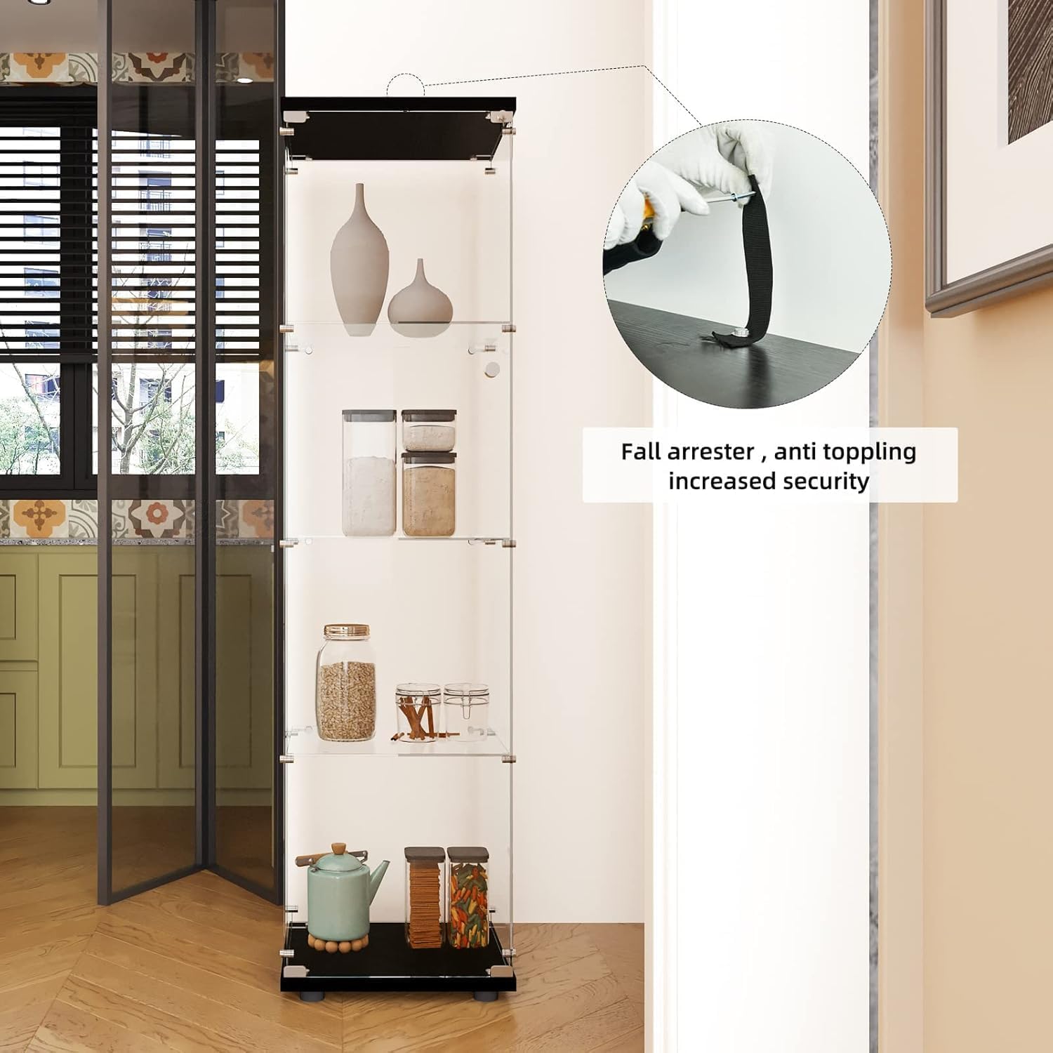 Glass Display Cabinet 4 Shelves with Door, Easy to Install, Solid Tempered Glass, Floor Standing Curio Bookshelf for Living Room,White