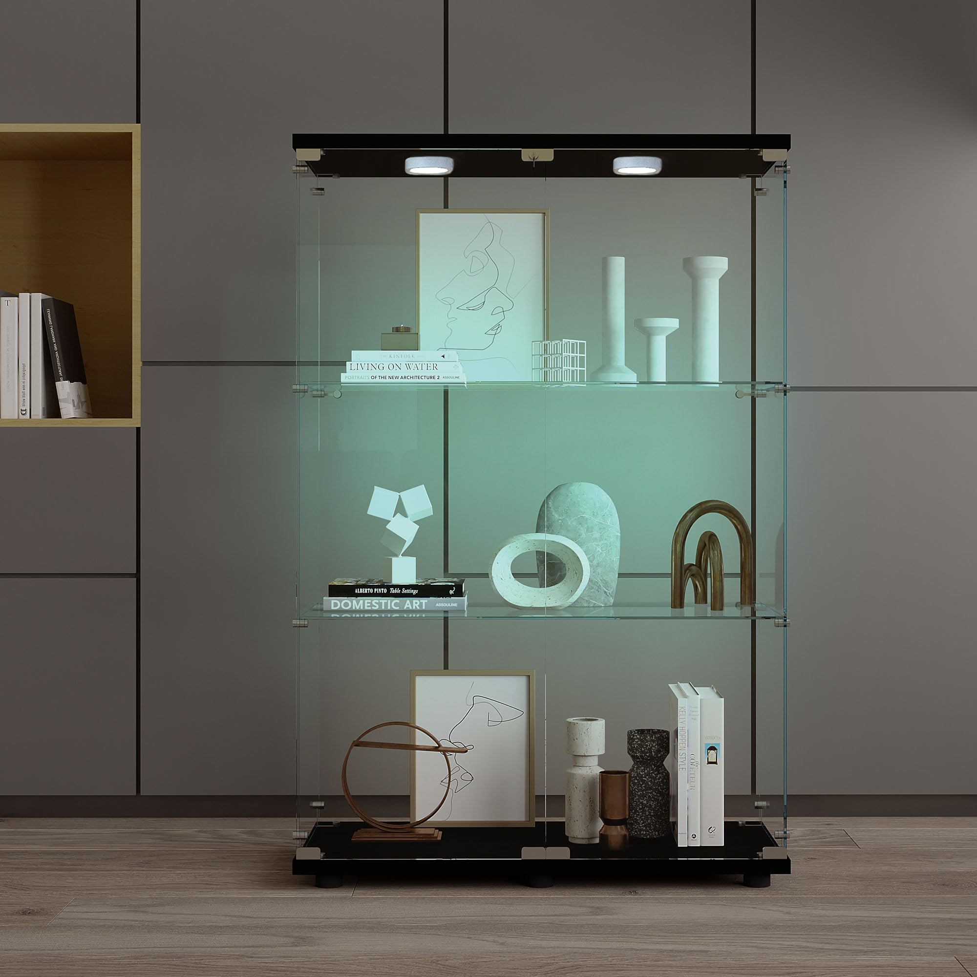 Glass Display Case with Lights,Tempered Glass Curio Cabinets with Glass Doors and Lock,Glass Display Cabinet for Bedroom, Living Room,Kitchen (White, 2 Door-5 Tier)