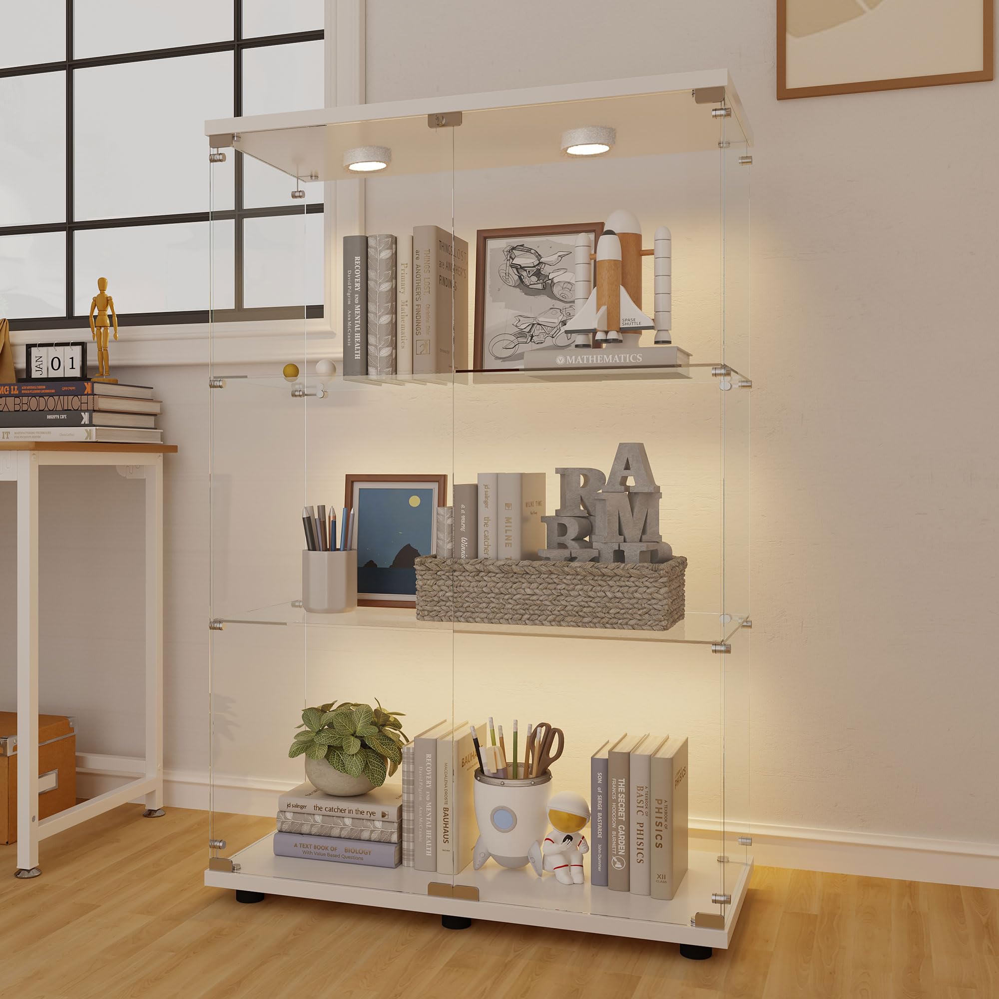 Glass Display Case with Lights,Tempered Glass Curio Cabinets with Glass Doors and Lock,Glass Display Cabinet for Bedroom, Living Room,Kitchen (White, 2 Door-5 Tier)
