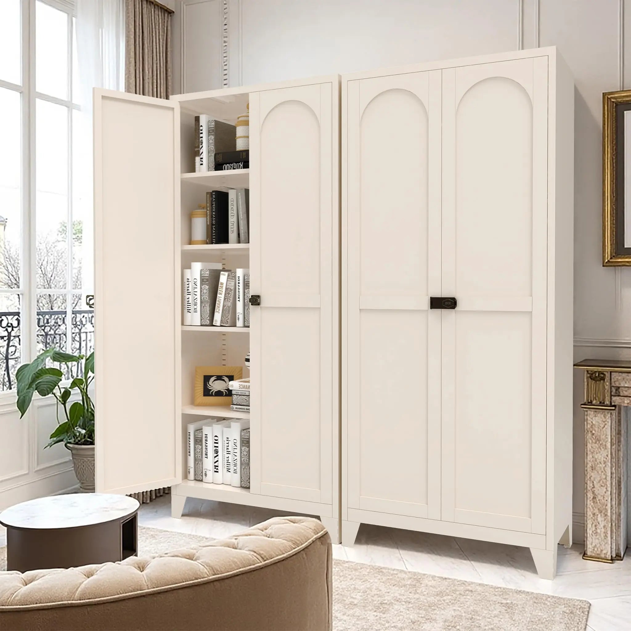 QIHAI 71'' 2 Shapely Doors Cabinet, Metal Storage Cabinet with Doors and Adjustable Shelves, for Kitchen, Dining Room, Living Room,White QIHAI