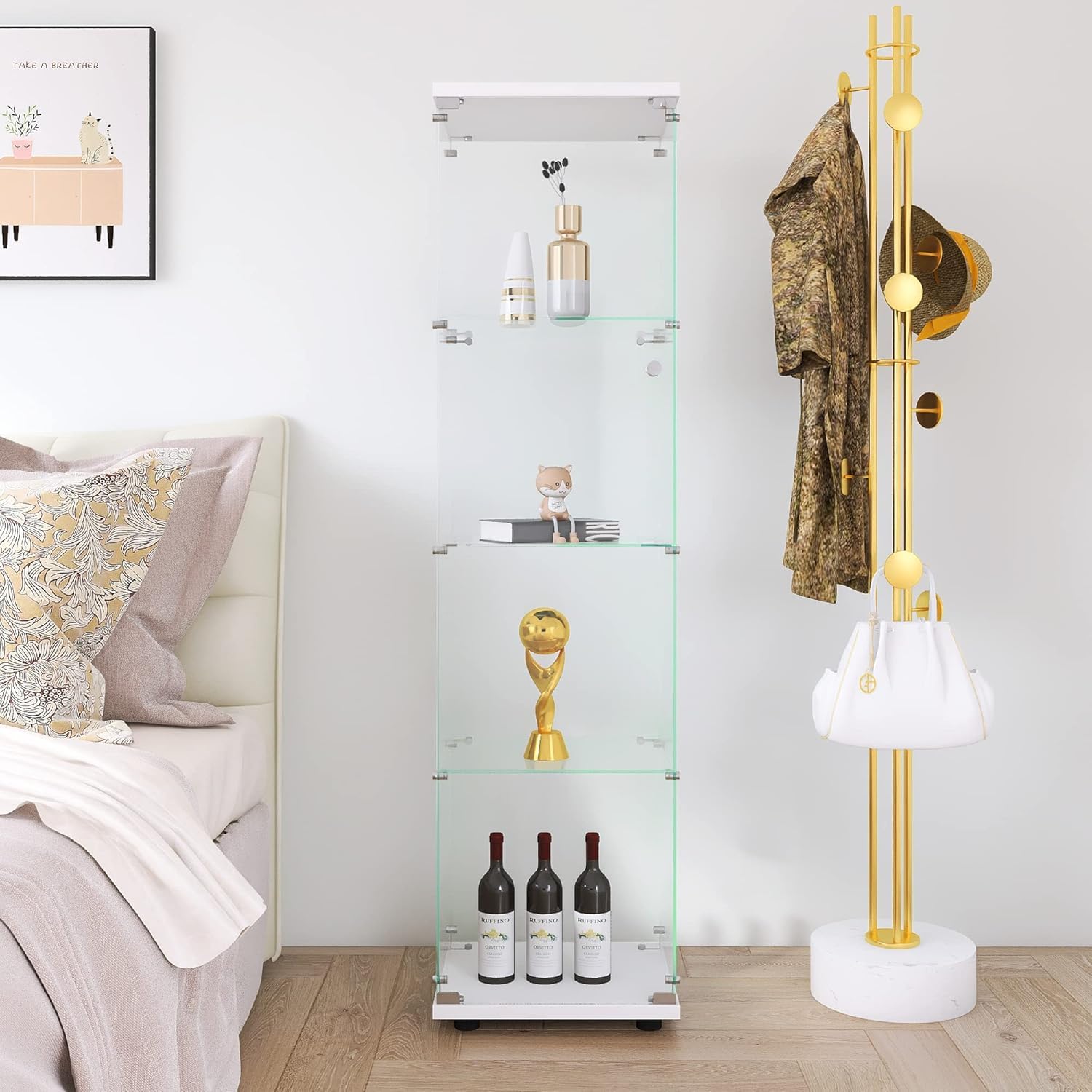 Glass Display Cabinet 4 Shelves with Door, Easy to Install, Solid Tempered Glass, Floor Standing Curio Bookshelf for Living Room,White