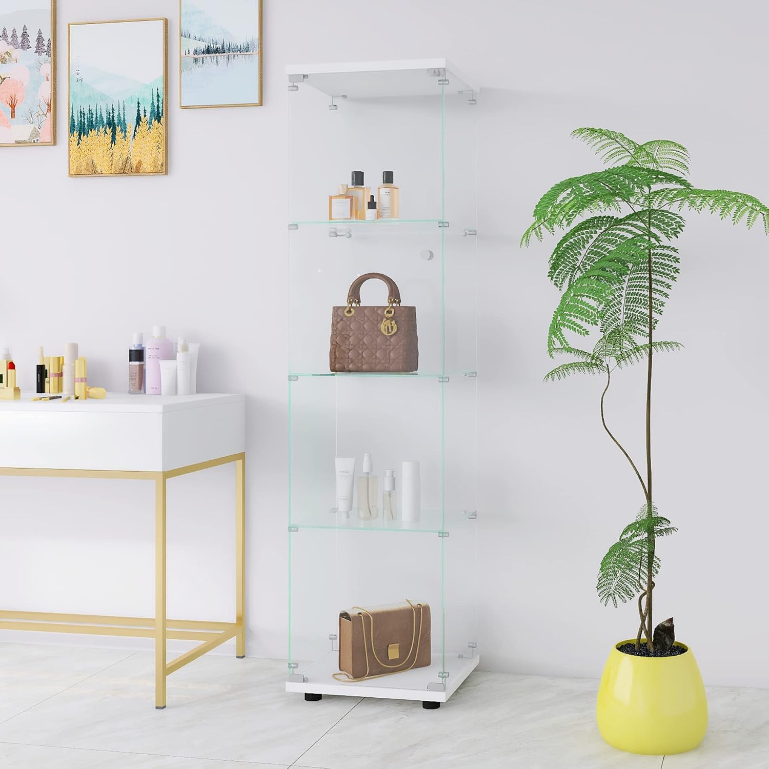 Glass Display Cabinet 4 Shelves with Door, Easy to Install, Solid Tempered Glass, Floor Standing Curio Bookshelf for Living Room,White