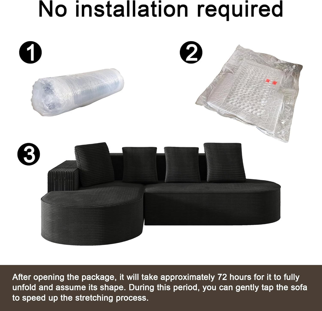 104" Corduroy Sectional Couch, Boneless L Shaped Couch with Deep Seat, Cloud Foam Sofa with Chaise, Sectional Sofa No Assembly Needed for Living Room (Foam + Black + Corduroy + 3 Seat)