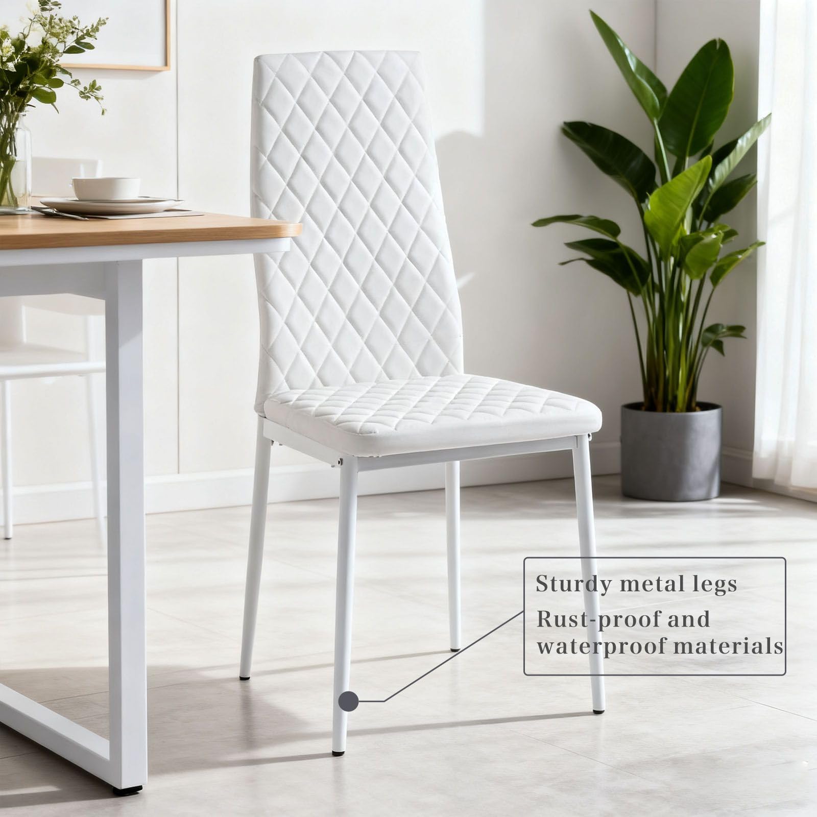 Dining Chairs Set of 4, Dining Chairs with Cushions, PU Leather Upholstered Kitchen Dining Room Chairs with Metal Legs for Dining Living Room (White, 4 PCS)