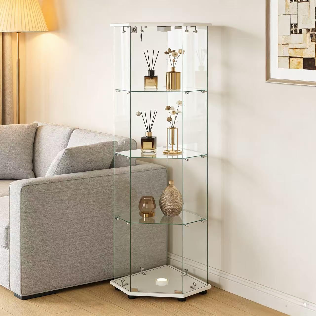 Corner Display Cabinet,Curio Cabinet with Tempered Glass Doors, Wine Bar Cabinet with Lights and Locks,4 Tier Glass Display Case for Living Room,Dining Room,Corridor,Office (Black)