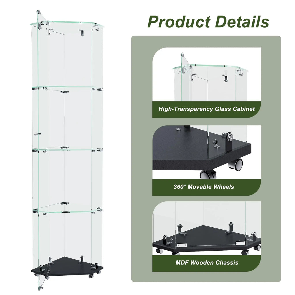 QIHAI Glass Display Cabinet,Premium 4-Tier Diamond Glass Display Case with 5 Dynamic LED Modes, Tempered Glass Curio Cabinet for Collectibles & Decor (62.99x27.56x11.81 Inches) QIHAI