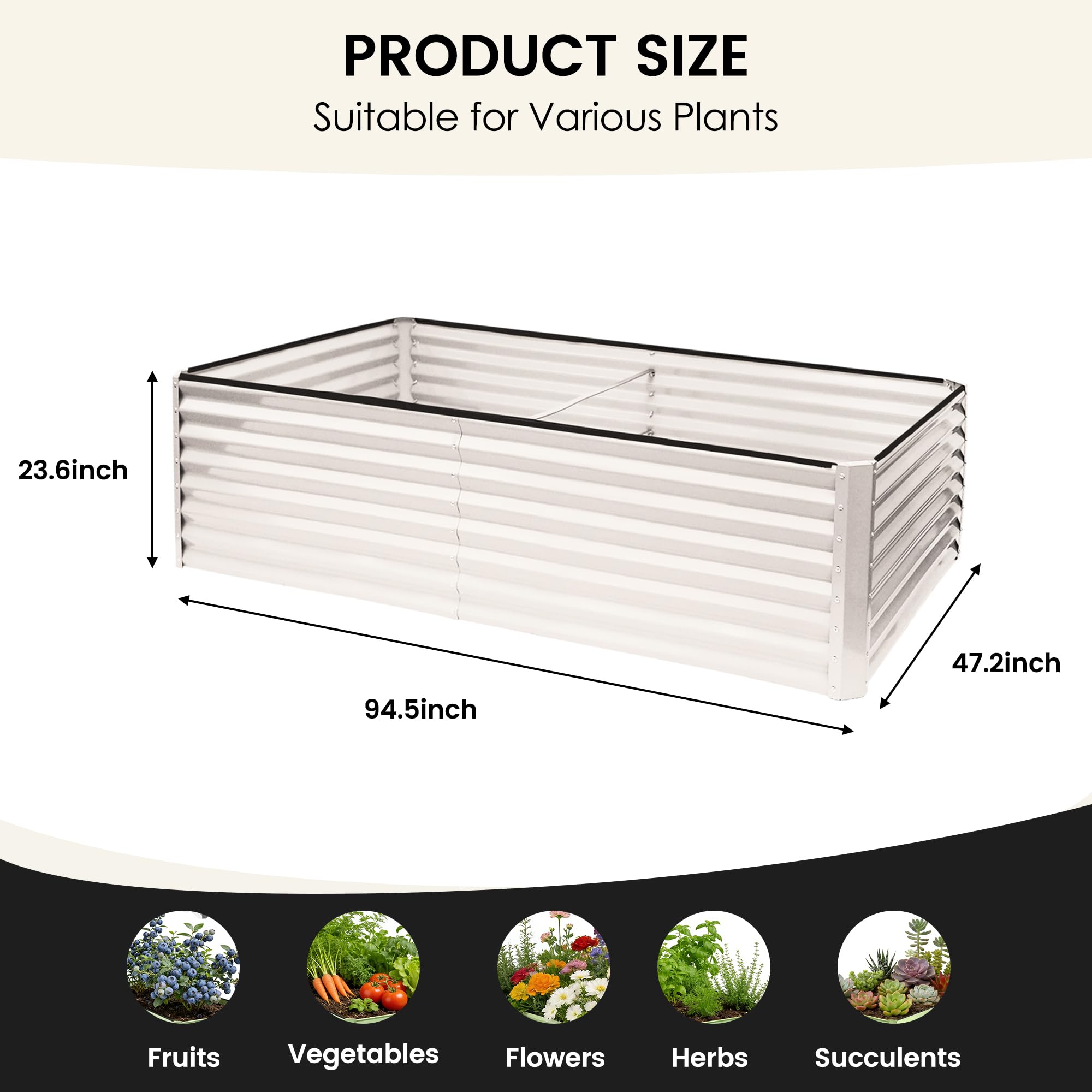 8×4×2 FT Galvanized Planter Box, Raised Garden Bed, Outdoor Above Ground Planter Extra Large Garden Box Kits for Vegetables, Flowers, Herbs (White)