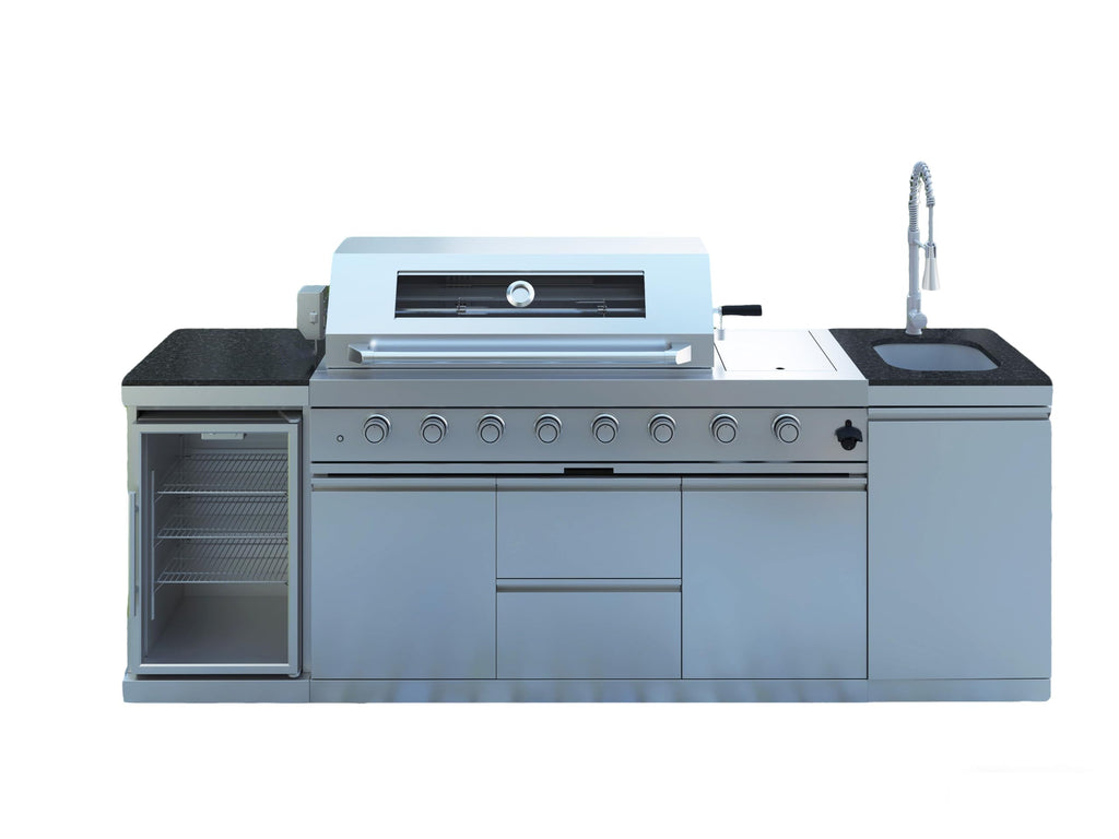 46-Inch 4-Burner 72000 BTU Deluxe Stainless Steel Gas Outdoor Kitchen Bar Barbecue Island Grill, Wine Cooler Compact Refrigerator, Rotisserie, Granite Countertops, Stainless steel Sink,Black