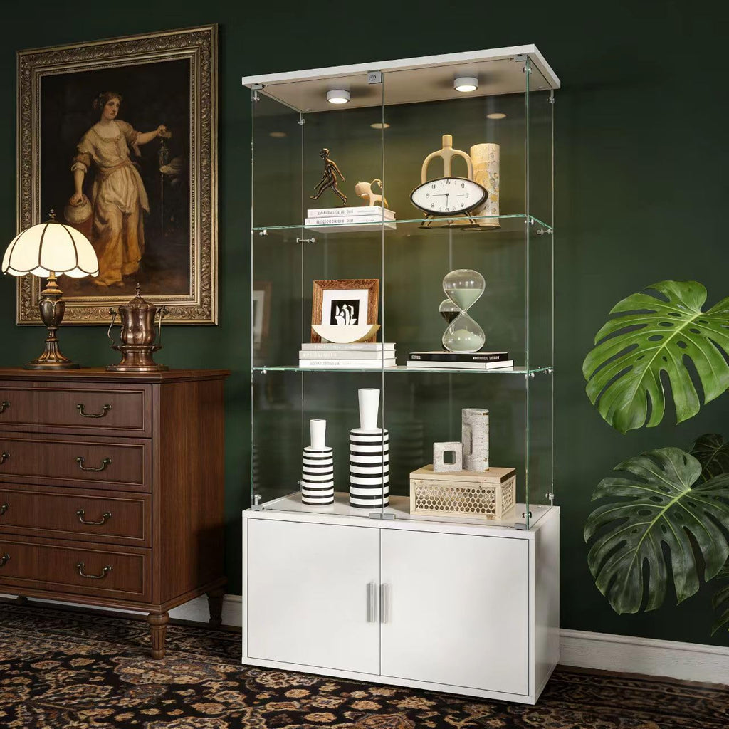 4-Tier Display Cabinet,Display Case with Glass Doors,Wine Cabinet with Lights, Storage Cabinets with 3 Shelves & 2 Drawers for Living Room,Dining (White)
