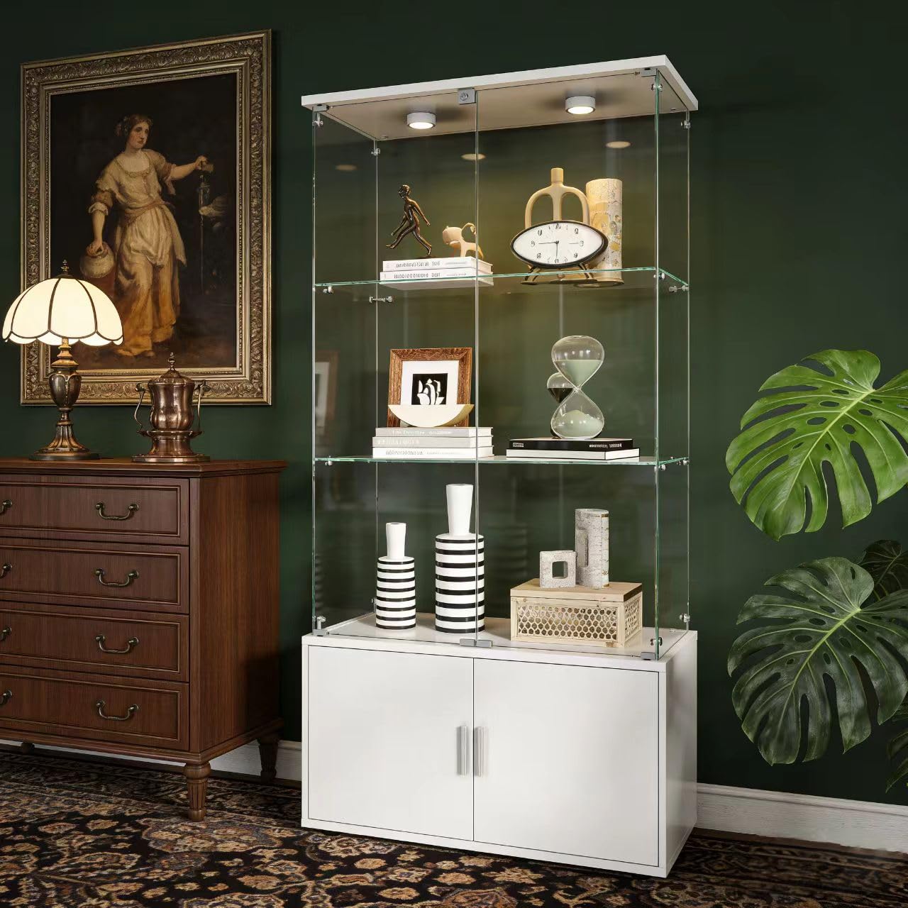 4-Tier Display Cabinet,Display Case with Glass Doors,Wine Cabinet with Lights, Storage Cabinets with 3 Shelves & 2 Drawers for Living Room,Dining (White)