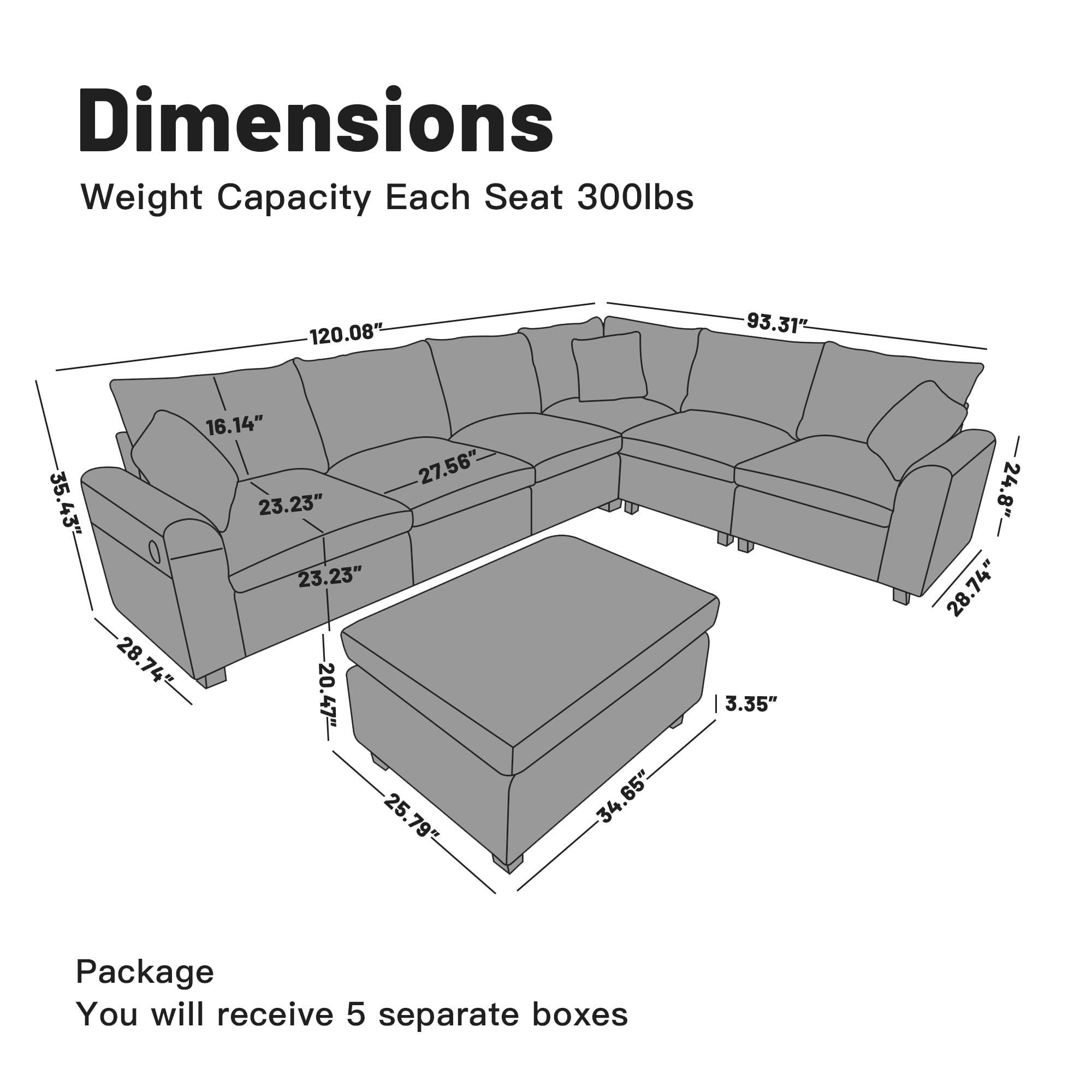 120.1" L Shaped Modular Sectional Sofa, 7 Seater Sectional Sofa with Storage Ottoman, L Shaped Cloud Couch Corner Sofa Oversized Modular Sectional Couch for Living Room (Black)