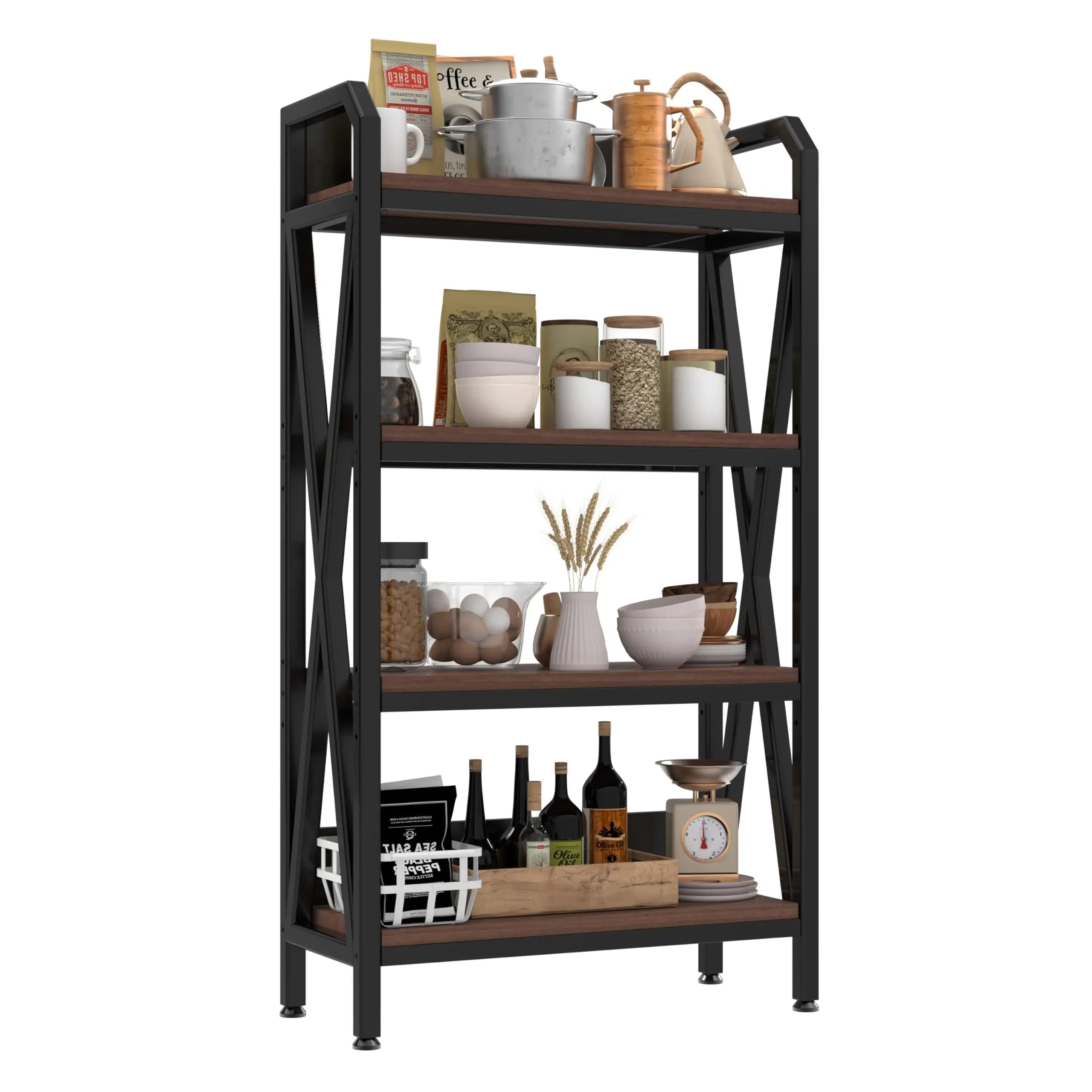 QIHAI 56.30'' Bakers Rack 4-Level Storage Shelves Metal and Wooden Kitchen Shelves, Kitchen Organizers and Storage, for Garage, Pantry, Bathroom, Closet (4-Tier 56.3" H x 33.5" W x 15.8" D) QIHAI