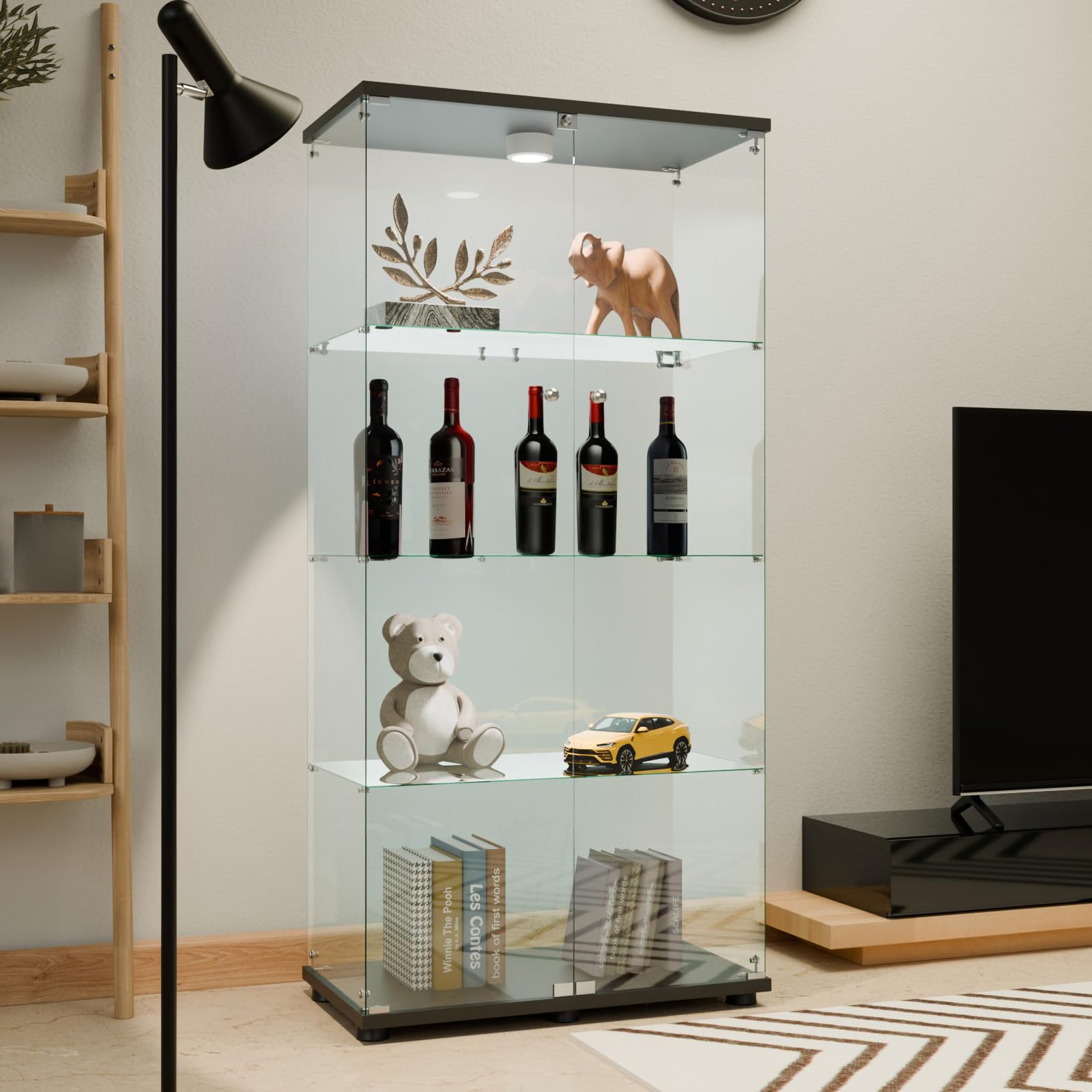 Glass Display Cabinet 4 Shelves with Door, Easy to Install, Solid Tempered Glass, Floor Standing Curio Bookshelf for Living Room,White