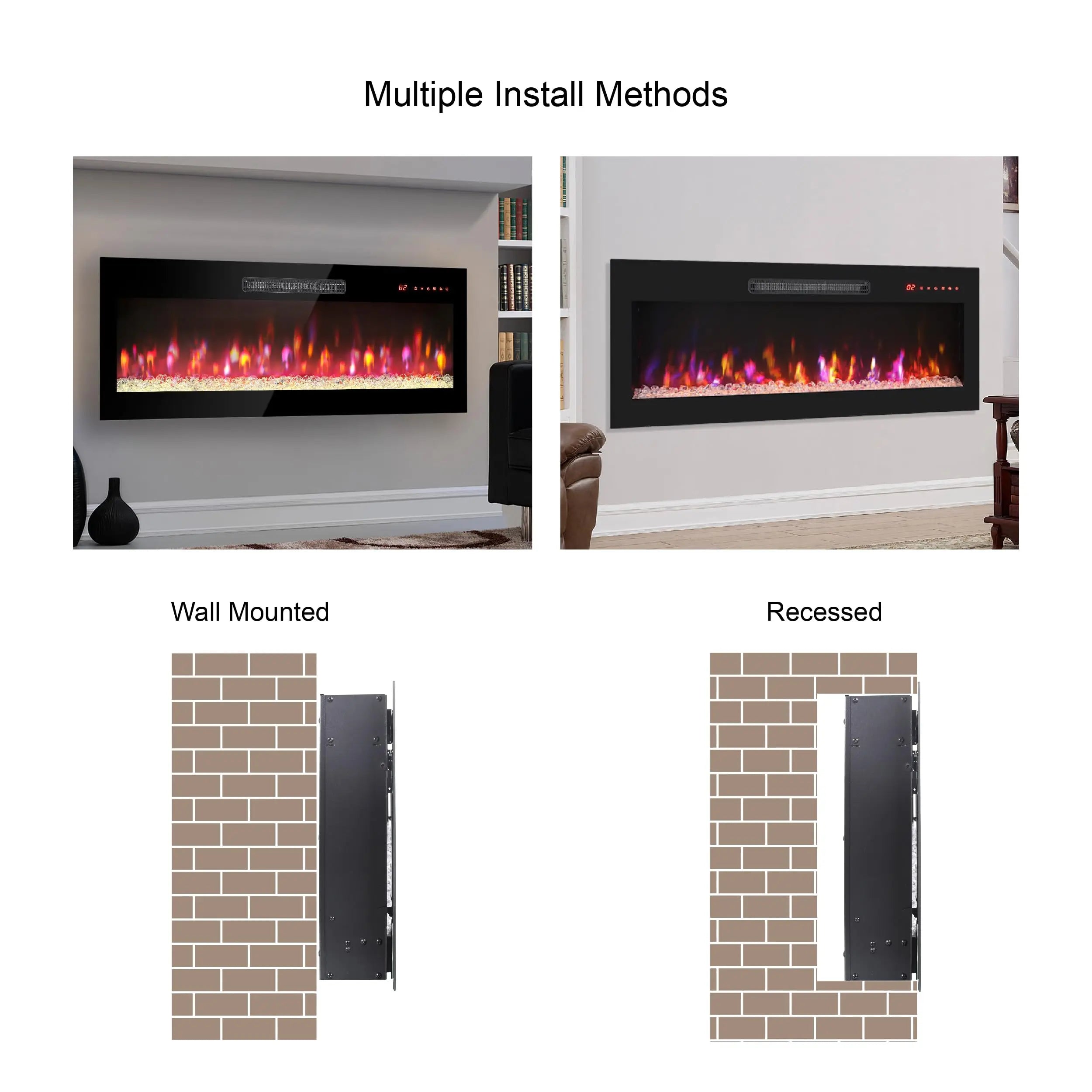42 inch Electric Fireplace,Recessed Ultra Thin,Tempered Glass Front,Wall Mounted with Remote and Multi Color Flame & Emberbed, LED Light Heater QIHAI