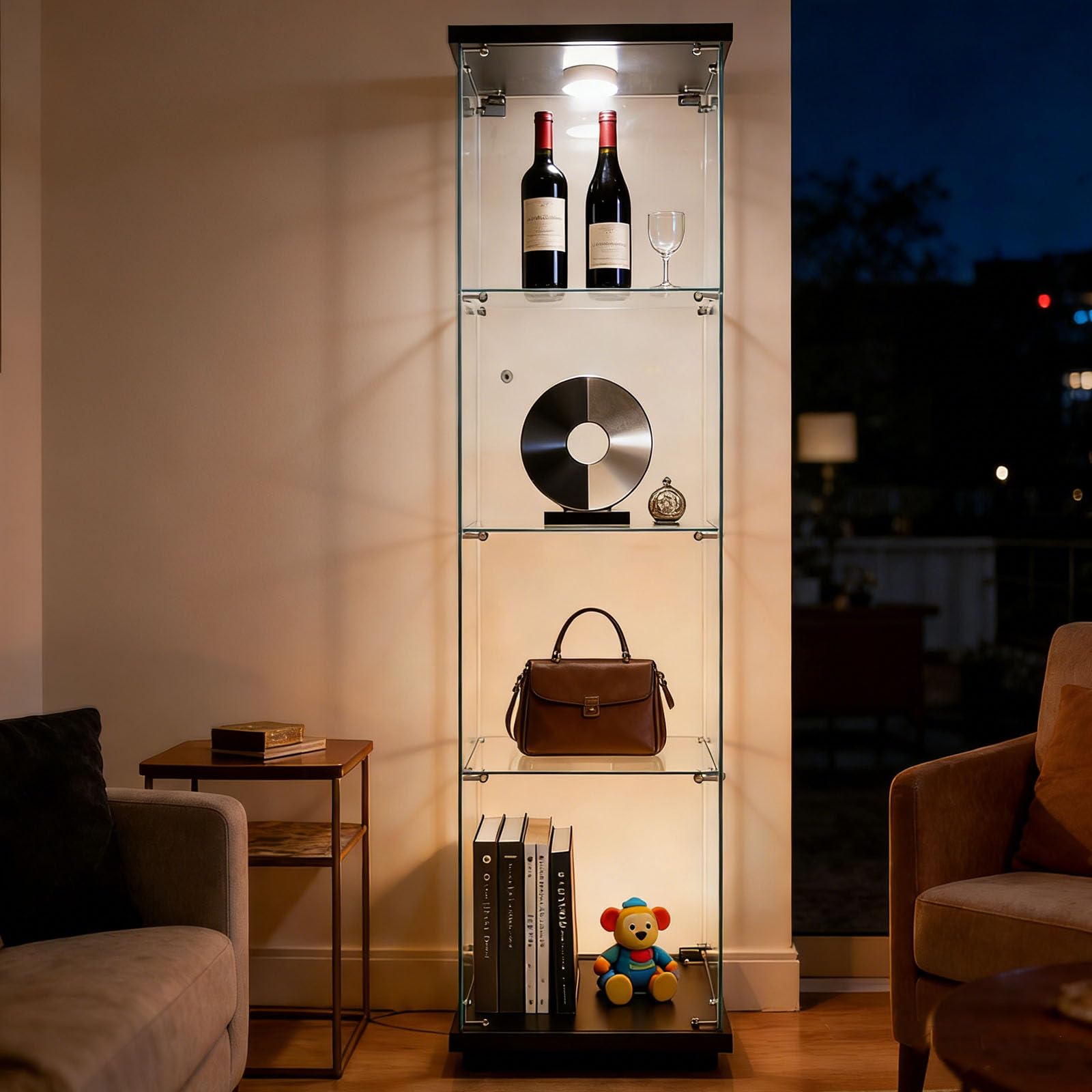 Glass Display Cabinet 4 Shelves with Door, Easy to Install, Solid Tempered Glass, Floor Standing Curio Bookshelf for Living Room,White