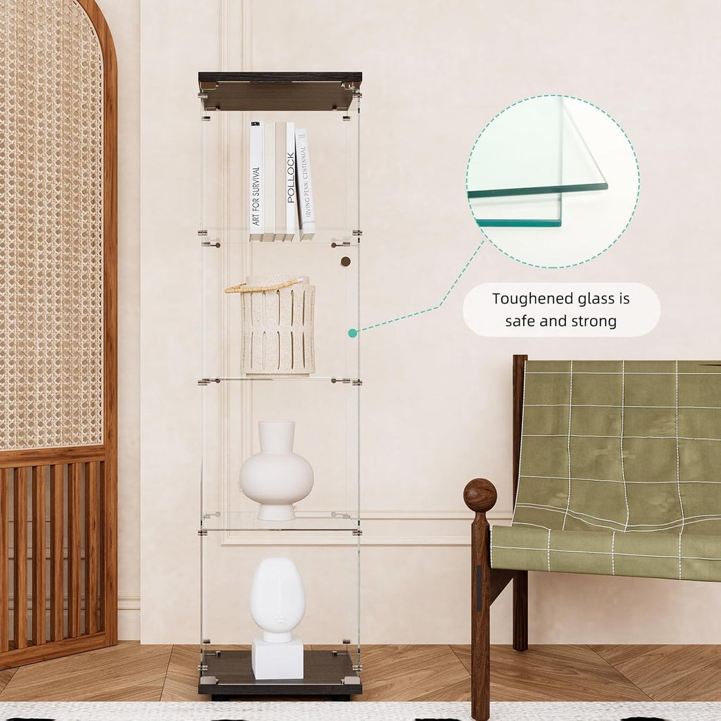 Glass Display Cabinet 4 Shelves with Door, Easy to Install, Solid Tempered Glass, Floor Standing Curio Bookshelf for Living Room,White