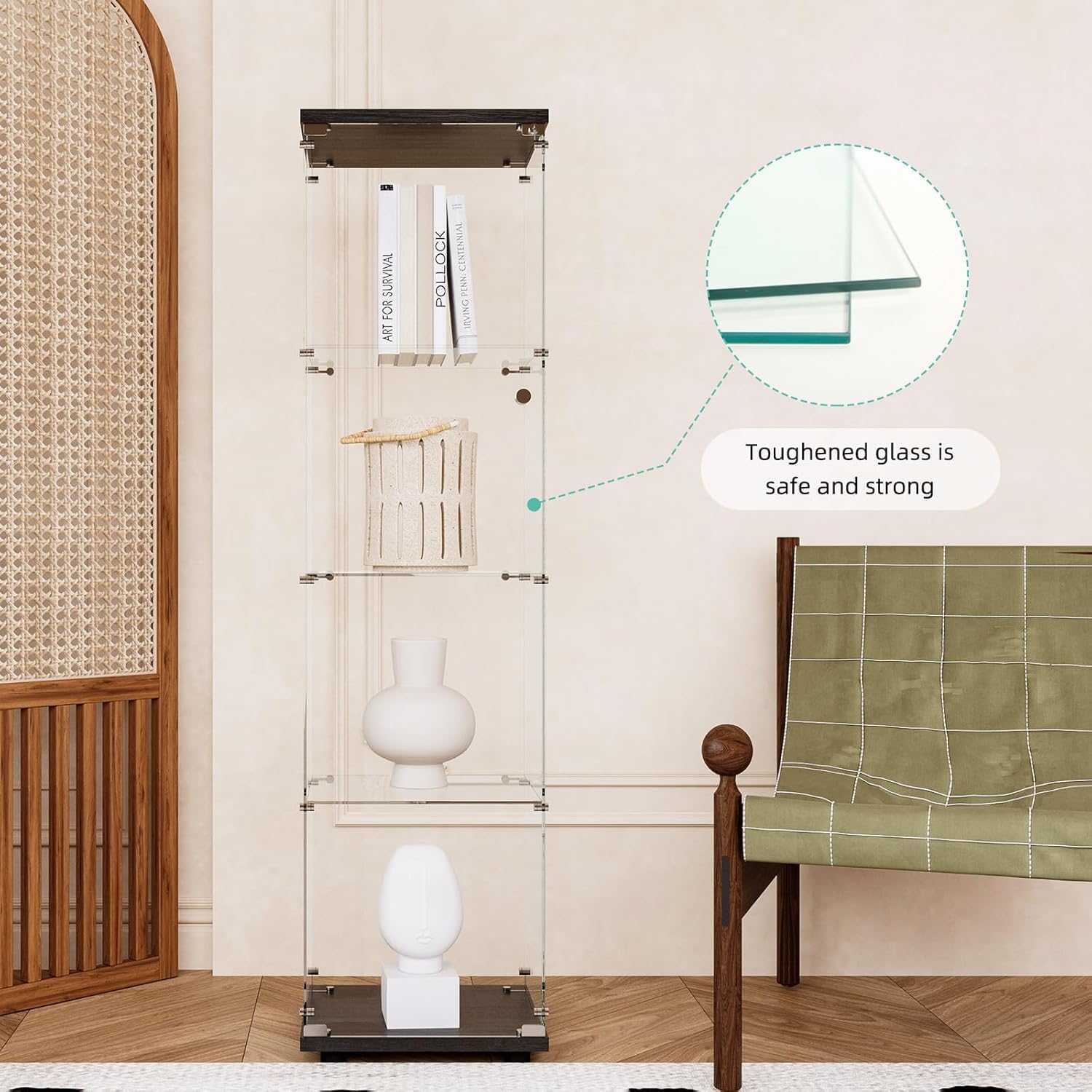 Glass Display Cabinet 4 Shelves with Door, Easy to Install, Solid Tempered Glass, Floor Standing Curio Bookshelf for Living Room,White