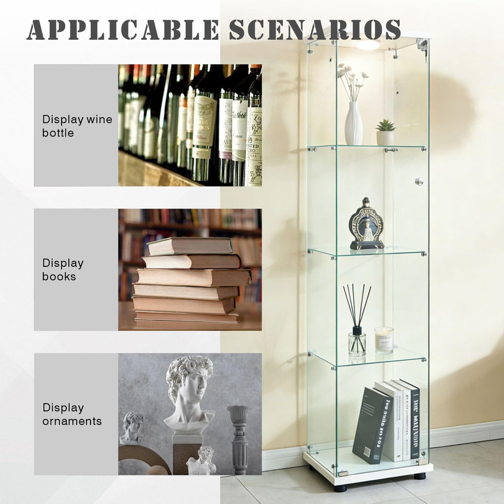 Glass Display Cabinet 4 Shelves with Door, Easy to Install, Solid Tempered Glass, Floor Standing Curio Bookshelf for Living Room,White