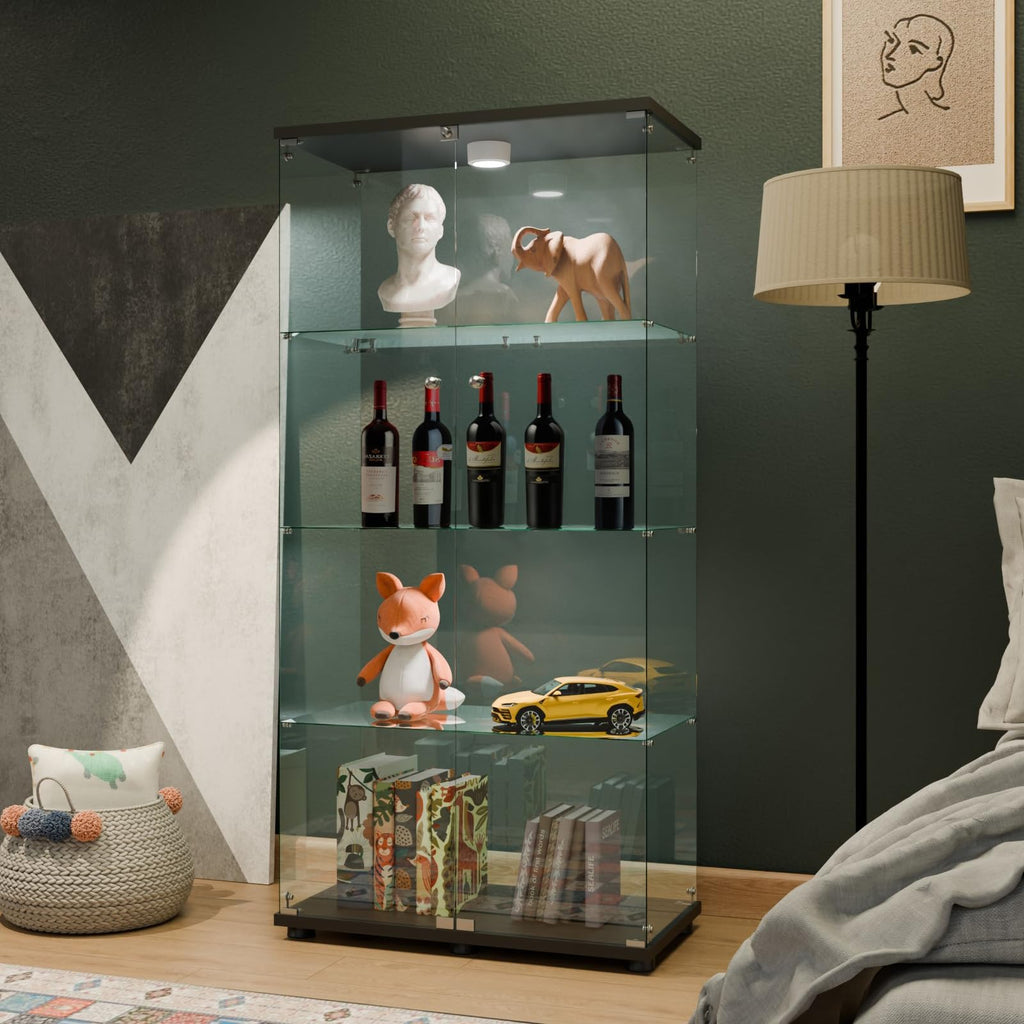 Glass Display Cabinet 4 Shelves with Door, Easy to Install, Solid Tempered Glass, Floor Standing Curio Bookshelf for Living Room,White