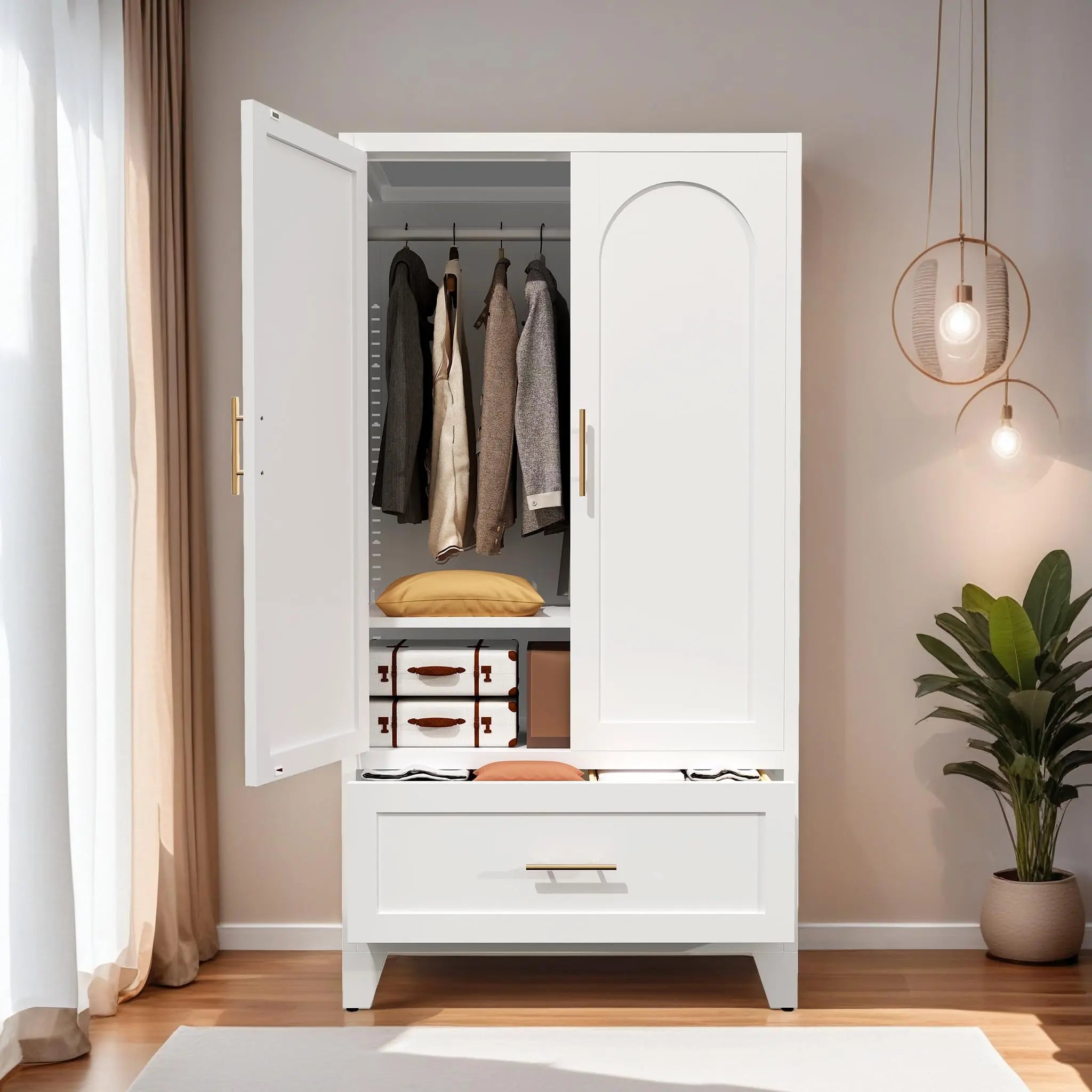 QIHAI Bedroom Armoires,71" Tall Metal Wardrobe Cabinet with 2 Drawers and Hanging Rod, 2 Doors Wardrobe Closet with Shelf for Bedroom, Office, Laundry Room,Entryway,Foyer,Guesthouse,White QIHAI