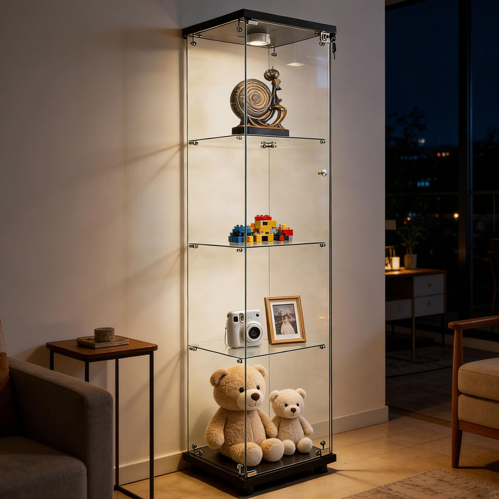 Glass Display Cabinet 4 Shelves with Door, Easy to Install, Solid Tempered Glass, Floor Standing Curio Bookshelf for Living Room,White