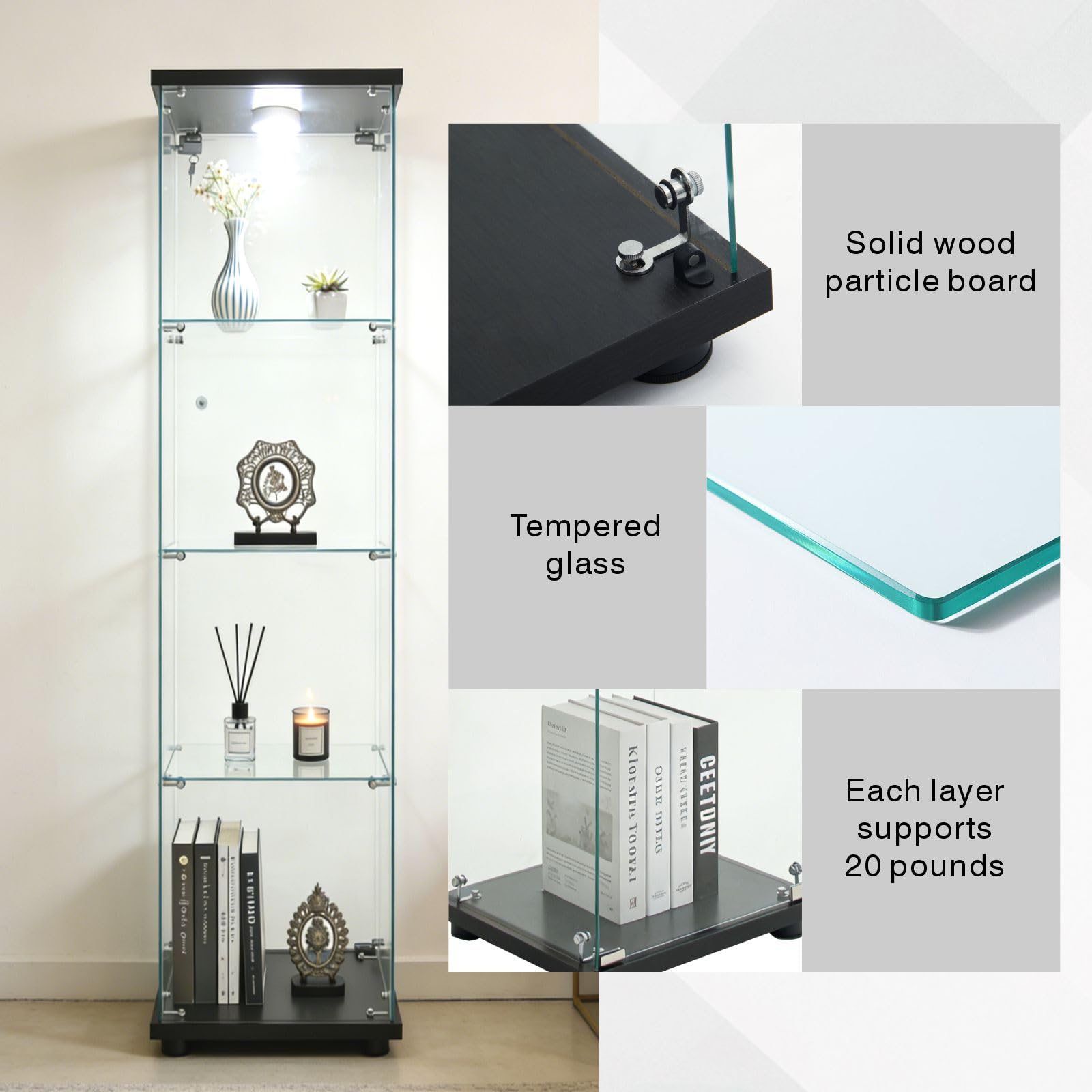 Glass Display Cabinet 4 Shelves with Door, Easy to Install, Solid Tempered Glass, Floor Standing Curio Bookshelf for Living Room,White