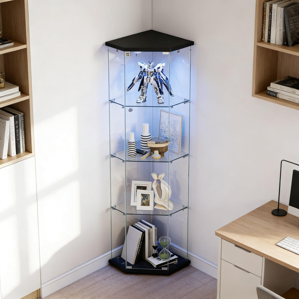 Corner Display Cabinet,Curio Cabinet with Tempered Glass Doors, Wine Bar Cabinet with Lights and Locks,4 Tier Glass Display Case for Living Room,Dining Room,Corridor,Office (Black)