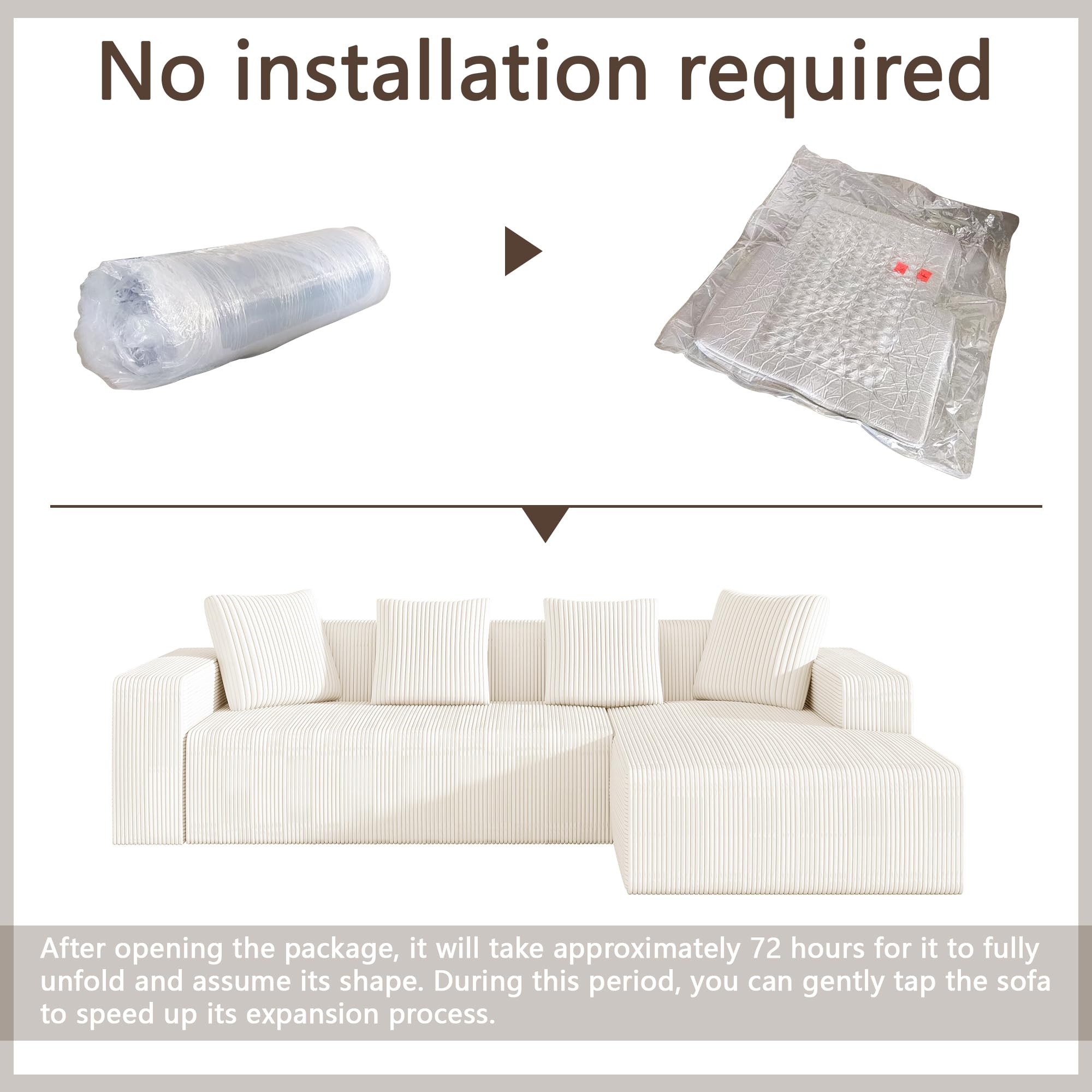 102.7" Corduroy Sectional Couch, Boneless L Shaped Couch with Deep Seat, Cloud Foam Sofa with Chaise, Sectional Sofa No Assembly Needed for Living Room and Bedroom (Black + Corduroy + 3 Seat + Foam)