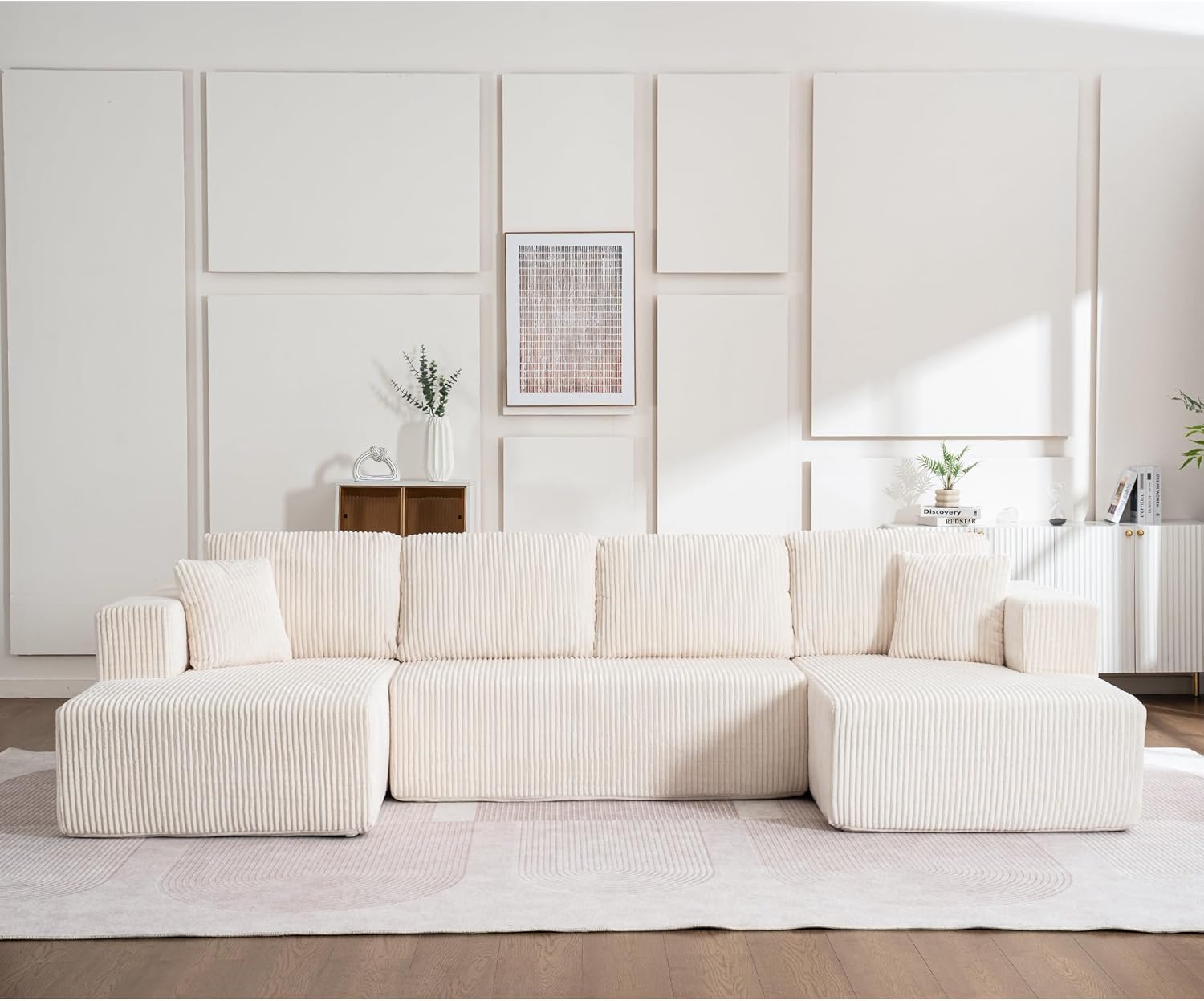 130" Oversized Cloud Boneless Sofa Couch with Chaise, Modern Corduroy U Shaped Modular Sectional Sofa with Deep Seat, No Assembly Required (Foam + White + Corduroy + 3 Seat)